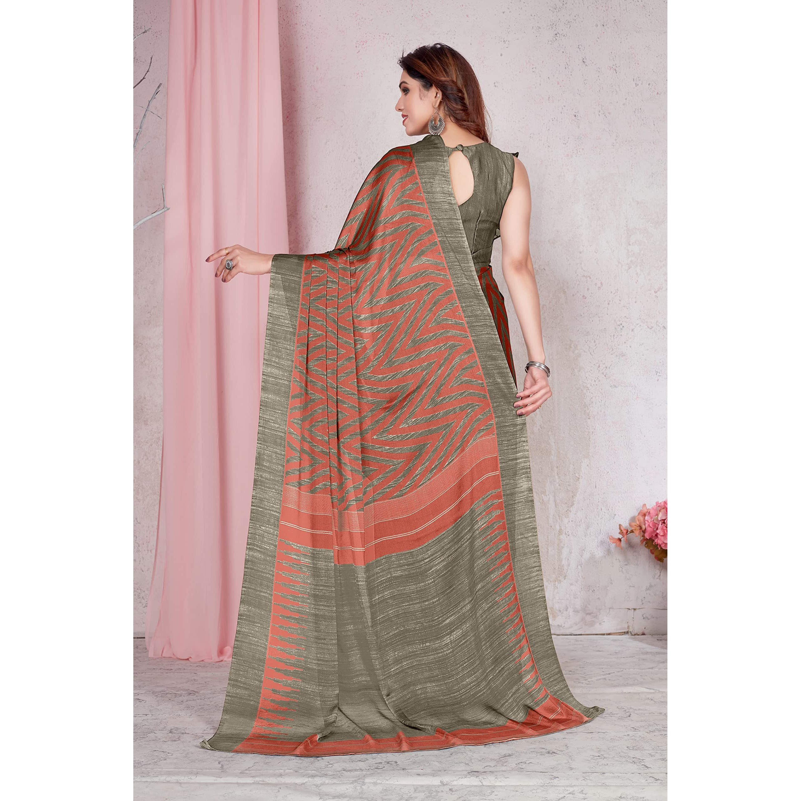 MIRCHI FASHION Womens Plain Weave Chiffon Leheriya Printed Saree with Blouse Piece (33536-Light Red, Beige)