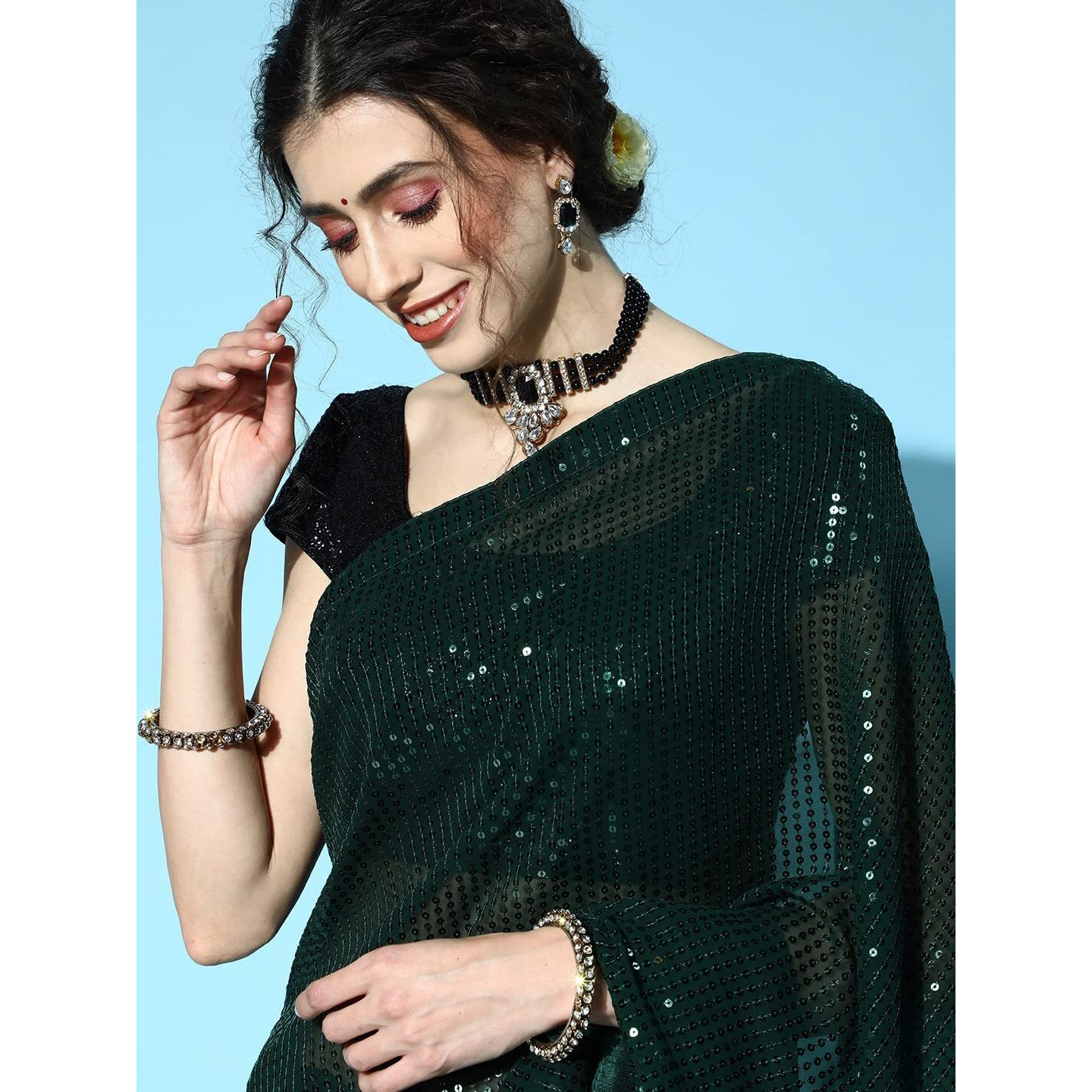 Naixa Womens Green Georgette Silk Sequence Embroidery Saree with Unstitched Blouse Piece