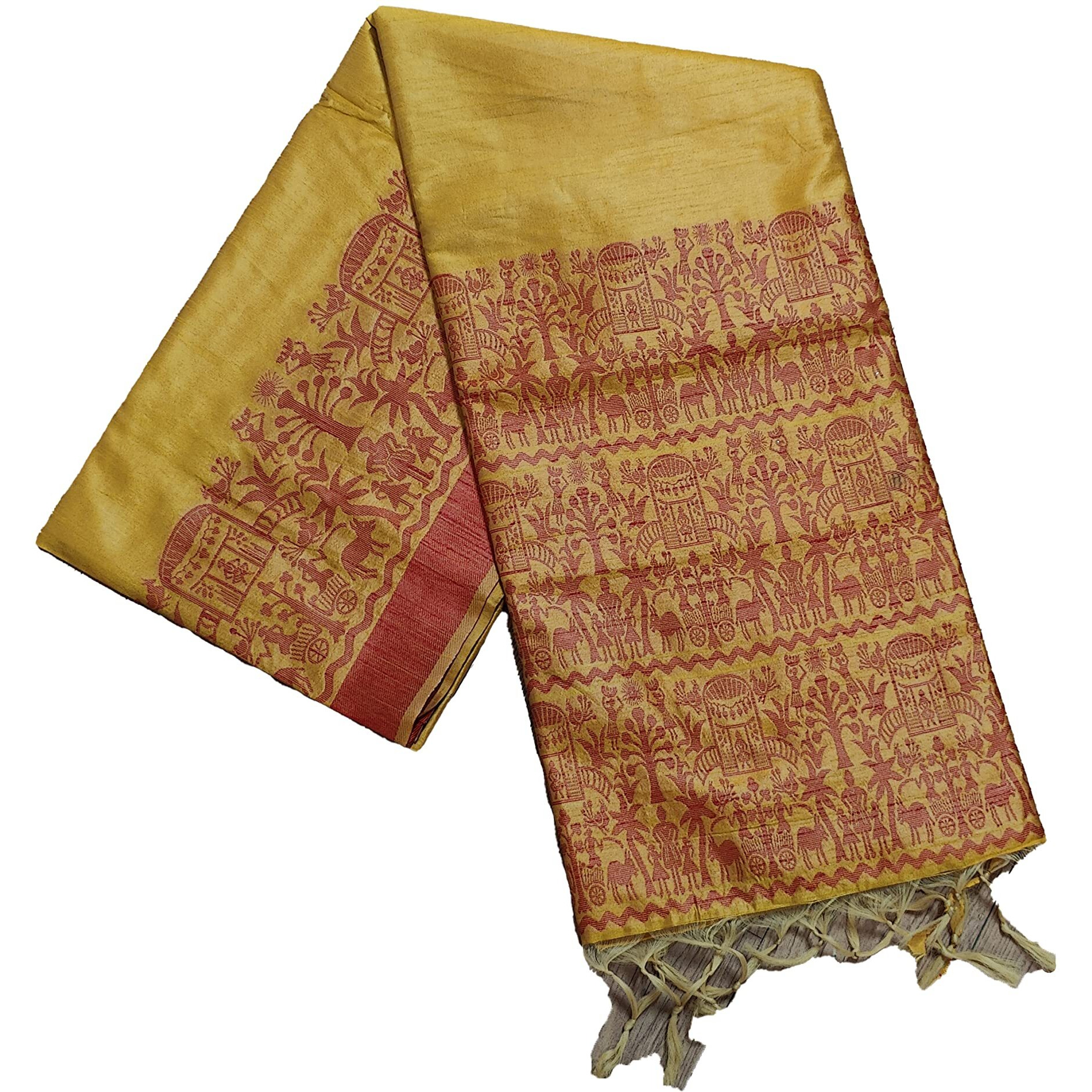 NK Textiles Womens PlainSolid With Tribal Warli Design Border Woven Raw Silk Saree With Tassels (14 Designs & Colors), Yellow