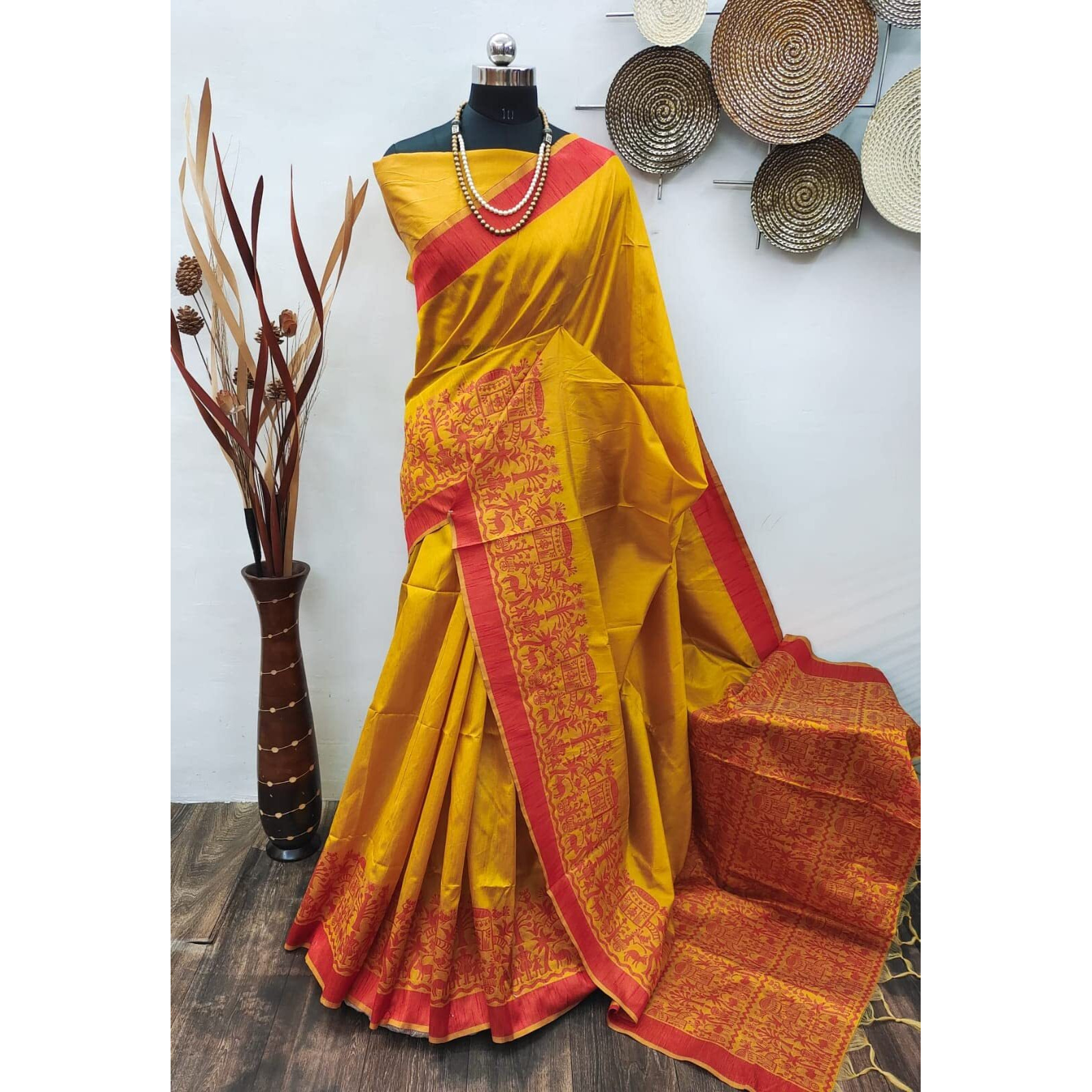 NK Textiles Womens PlainSolid With Tribal Warli Design Border Woven Raw Silk Saree With Tassels (14 Designs & Colors), Yellow