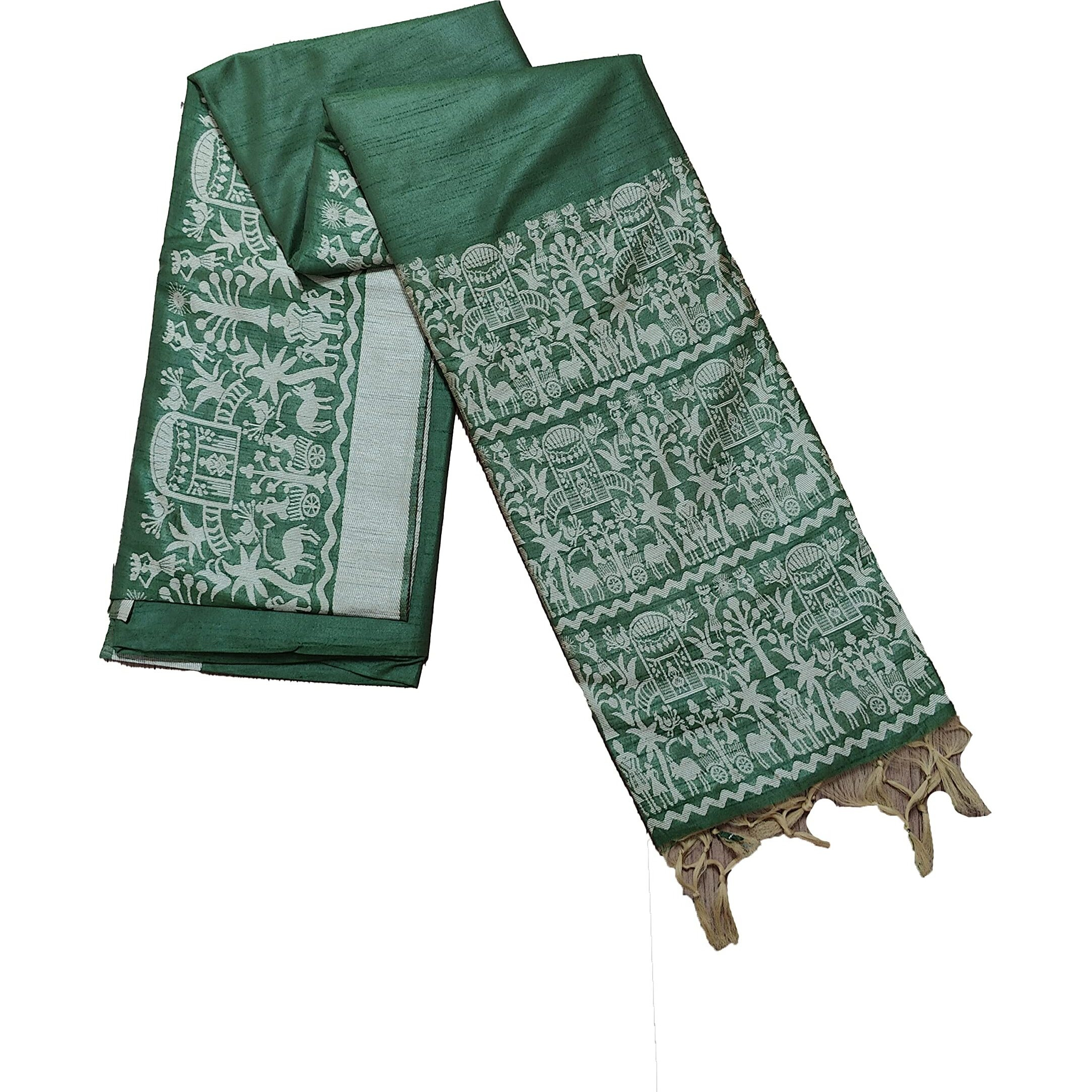 NK Textiles Womens PlainSolid with Tribal Warli Design Border Woven Raw Silk Saree with Tassels (14 DESIGNS & COLORS)