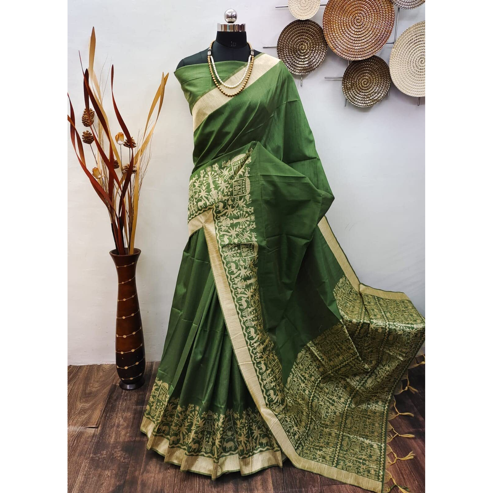 NK Textiles Womens PlainSolid with Tribal Warli Design Border Woven Raw Silk Saree with Tassels (14 DESIGNS & COLORS)