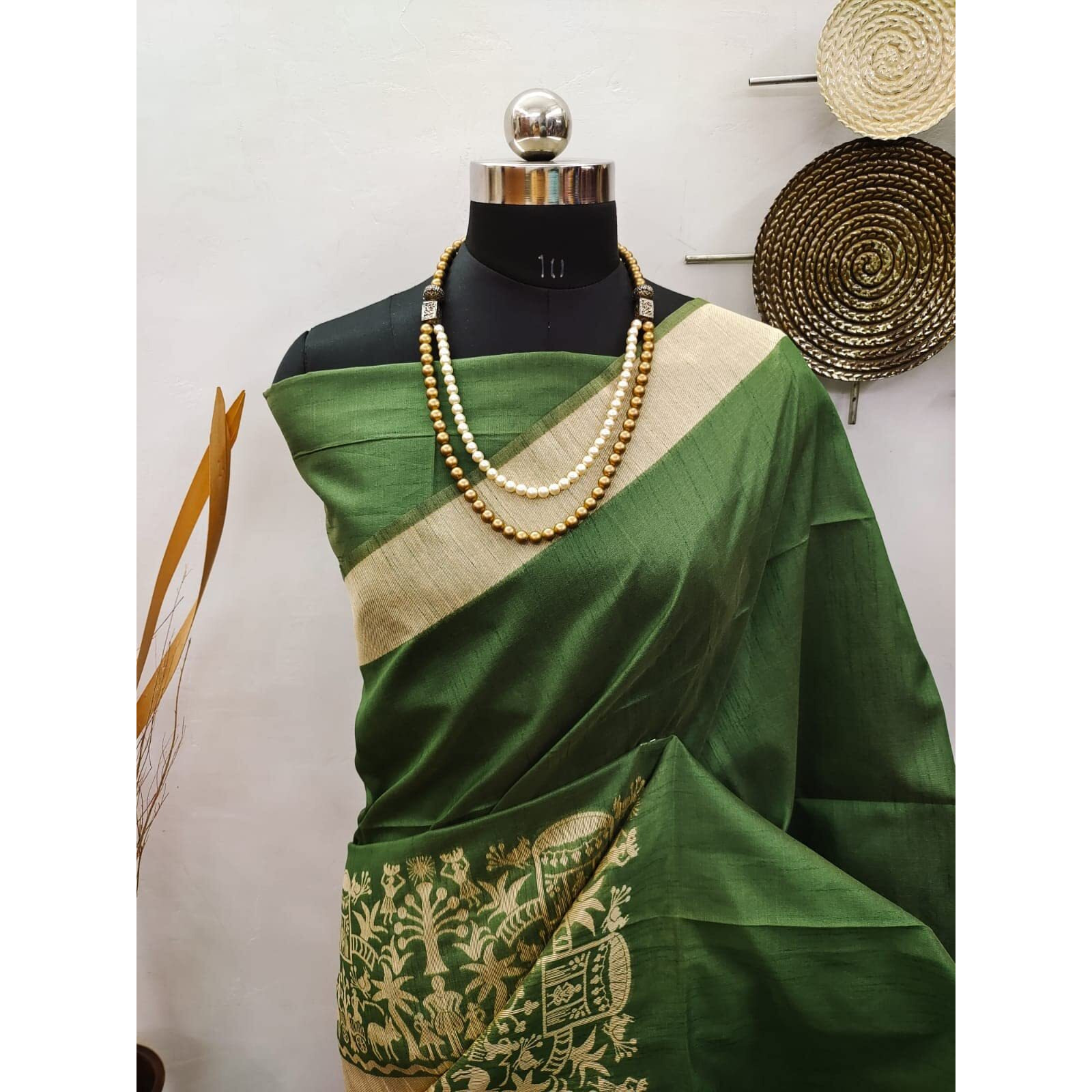 NK Textiles Womens PlainSolid with Tribal Warli Design Border Woven Raw Silk Saree with Tassels (14 DESIGNS & COLORS)