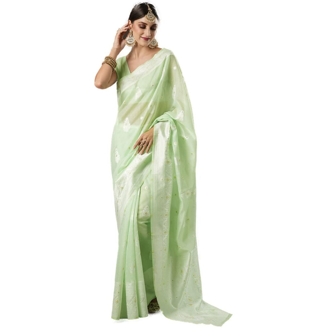 AKHILAM Womens Soft Cotton Silk lucknowi chikankari weaving Banarasi saree With Unstitched Blouse Piece (Green_ZOYA5005)