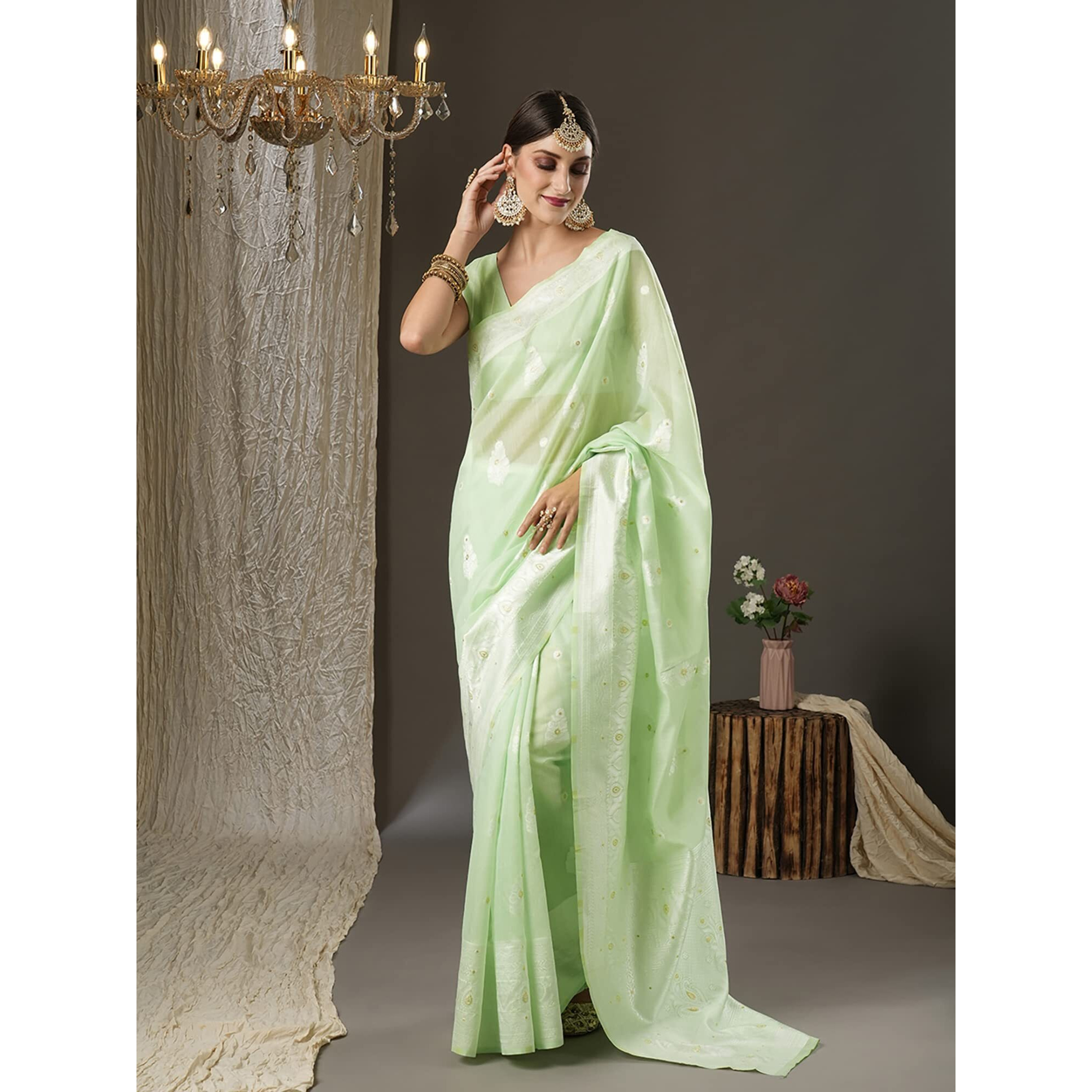 AKHILAM Womens Soft Cotton Silk lucknowi chikankari weaving Banarasi saree With Unstitched Blouse Piece (Green_ZOYA5005)