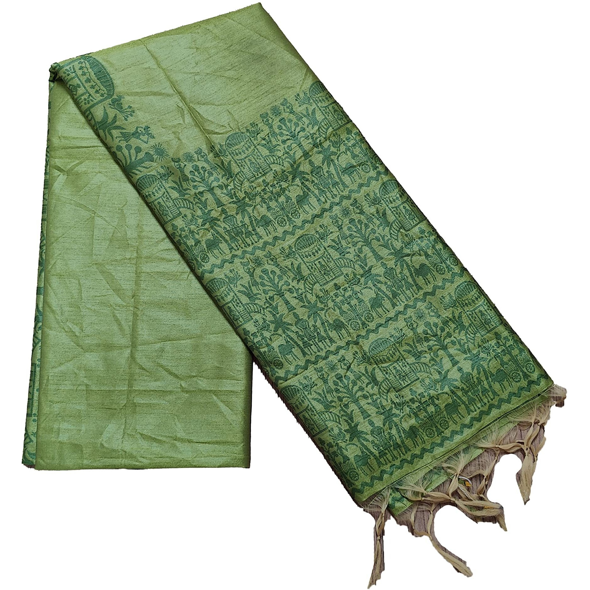 NK Textiles Womens PlainSolid with Tribal Warli Design Border Woven Raw Silk Saree with Tassels (14 DESIGNS & COLORS)