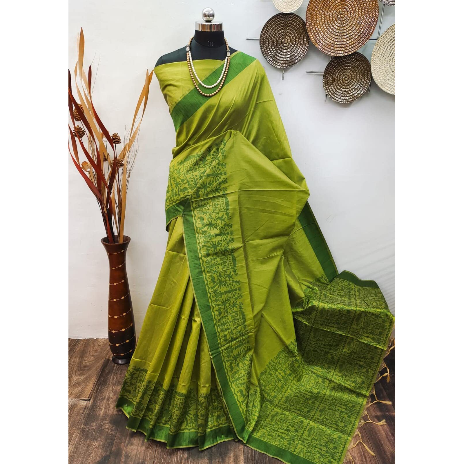 NK Textiles Womens PlainSolid with Tribal Warli Design Border Woven Raw Silk Saree with Tassels (14 DESIGNS & COLORS)