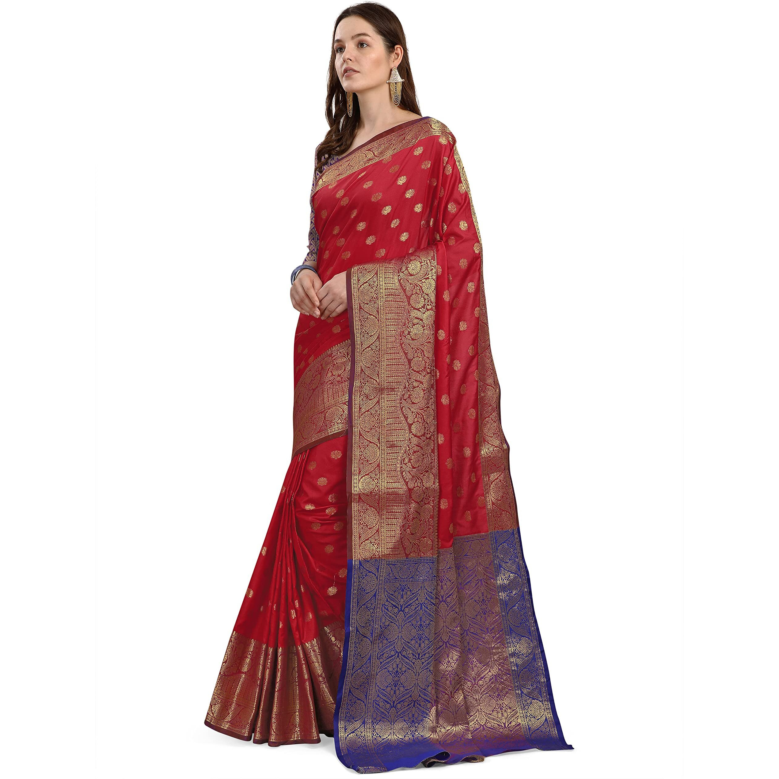 CRISKO FASHION Womens Banarasi Silk Saree With Un-stitched Blouse Piece - (RED)
