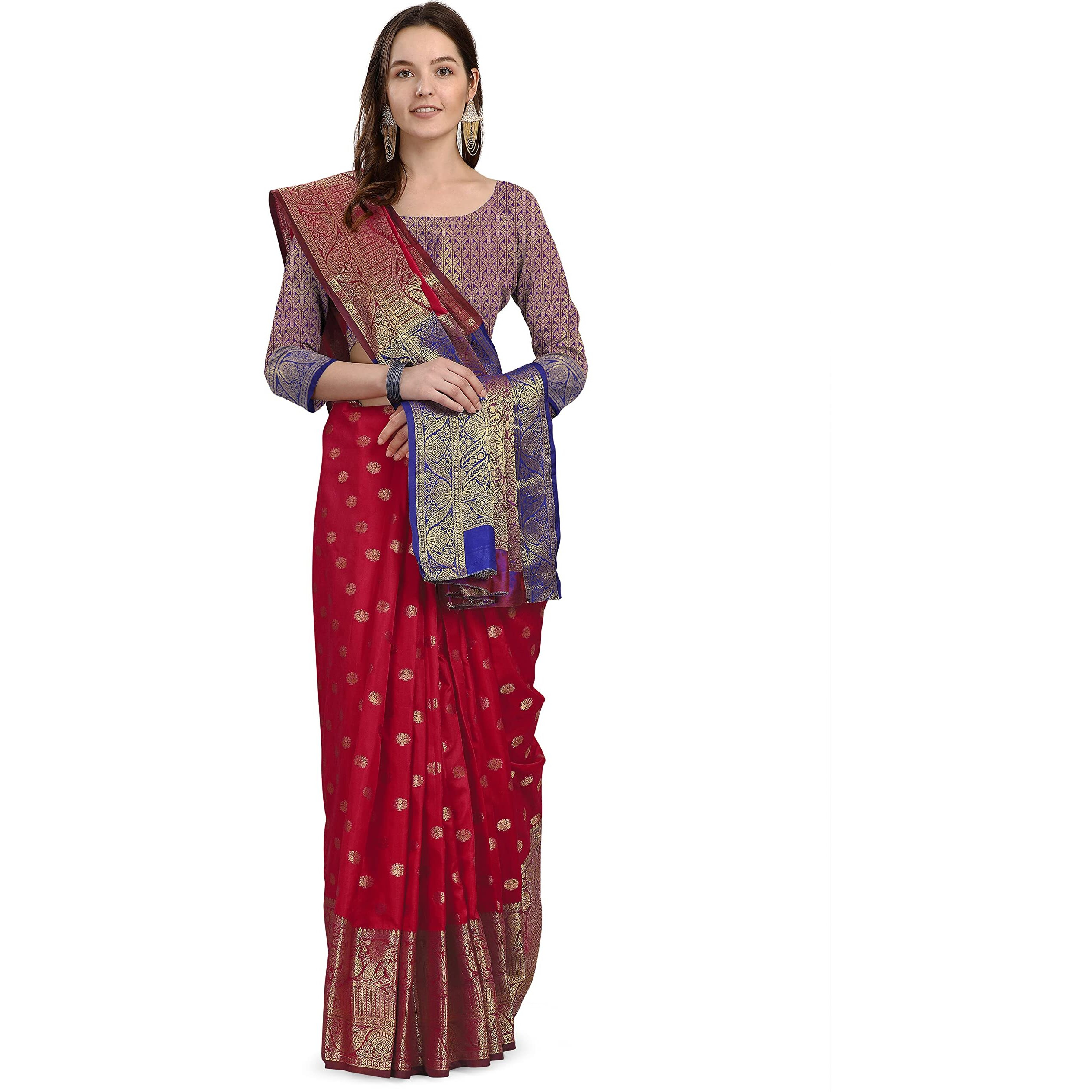 CRISKO FASHION Womens Banarasi Silk Saree With Un-stitched Blouse Piece - (RED)