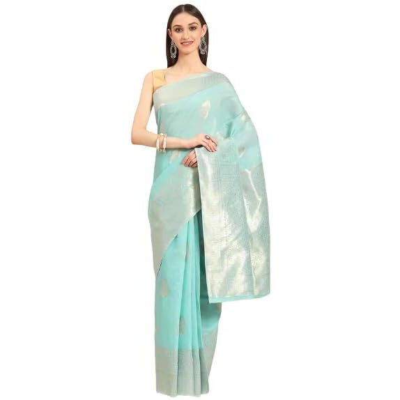SILK LAND Womens Cotton Kota Silk Golden Zari Saree With Unstitched Blouse Piece(Blue)