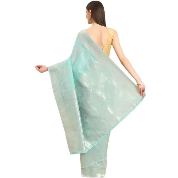SILK LAND Womens Cotton Kota Silk Golden Zari Saree With Unstitched Blouse Piece(Blue)