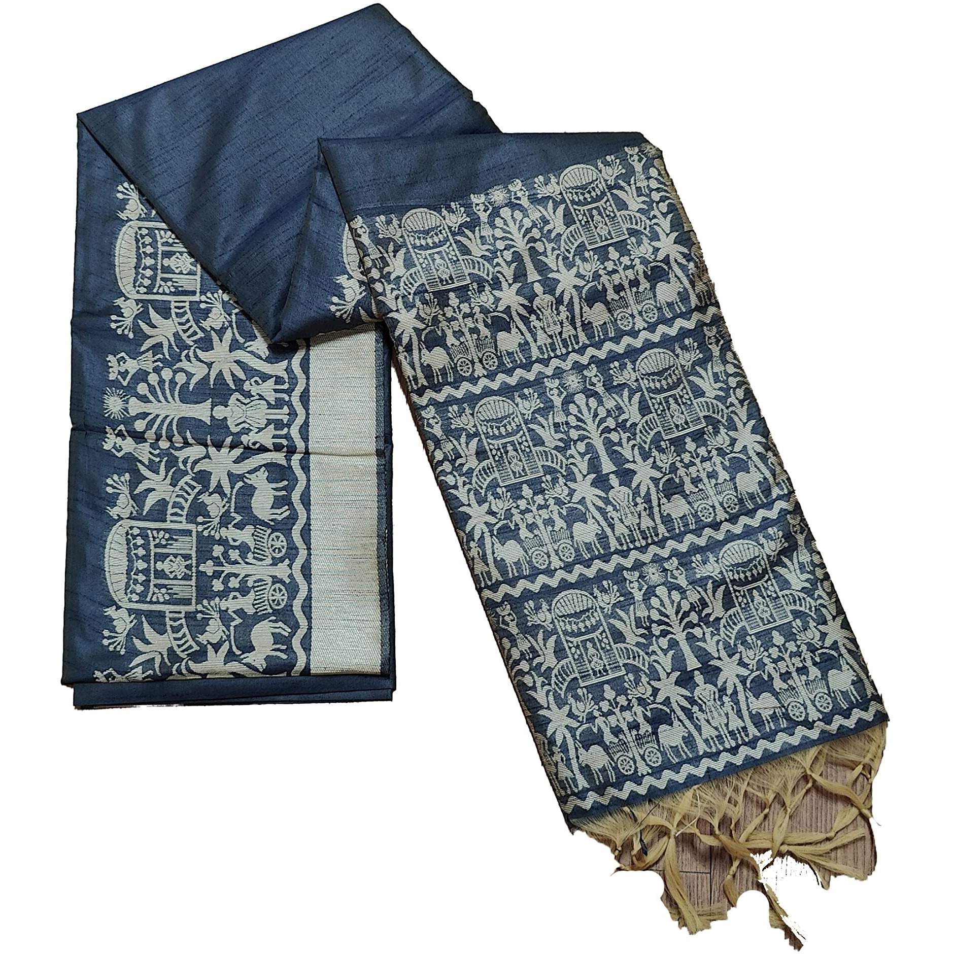 NK Textiles Womens PlainSolid With Tribal Warli Design Border Woven Raw Silk Saree With Tassels (14 Designs & Colors), Navy Blue