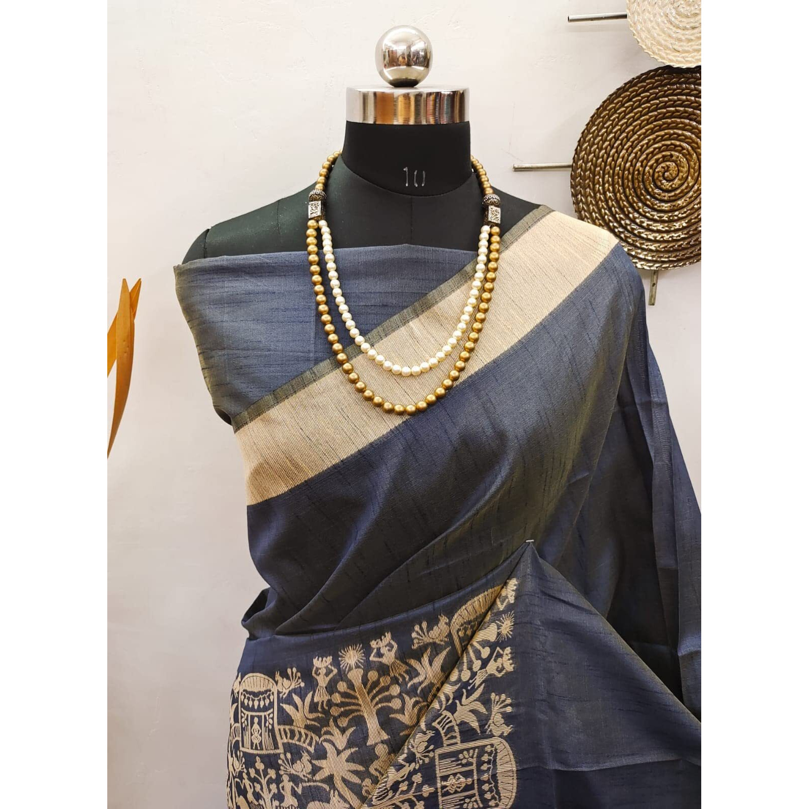 NK Textiles Womens PlainSolid With Tribal Warli Design Border Woven Raw Silk Saree With Tassels (14 Designs & Colors), Navy Blue