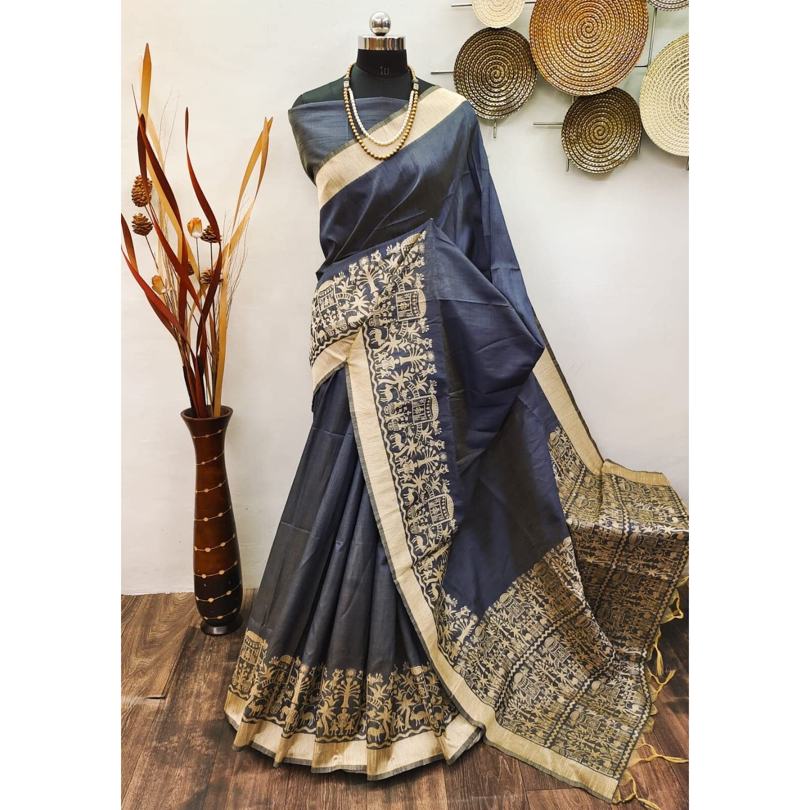 NK Textiles Womens PlainSolid With Tribal Warli Design Border Woven Raw Silk Saree With Tassels (14 Designs & Colors), Navy Blue