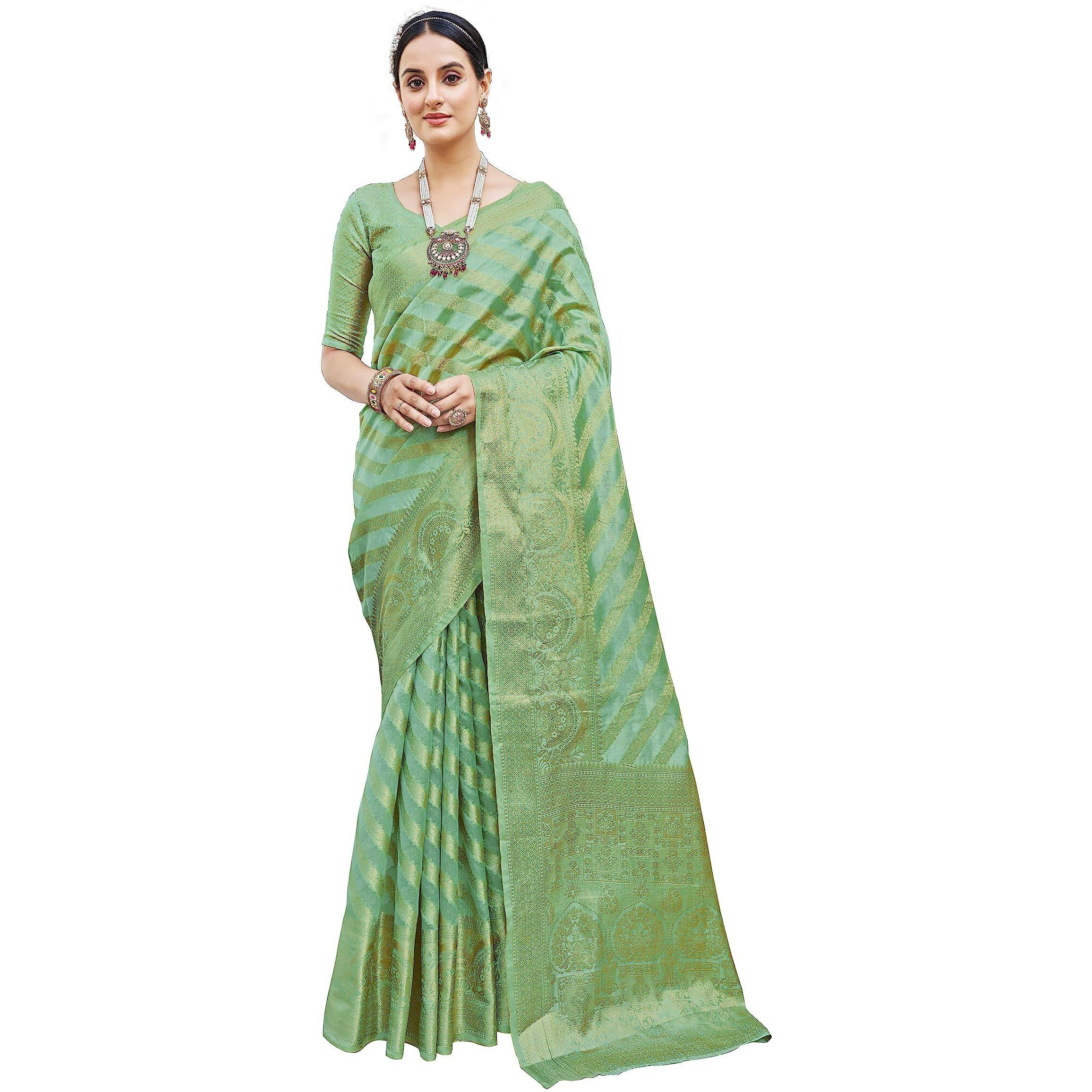 Glory Sarees Womens Organza Silk Woven Saree With Blouse Piece (Organza_SIlk101_Firozi)