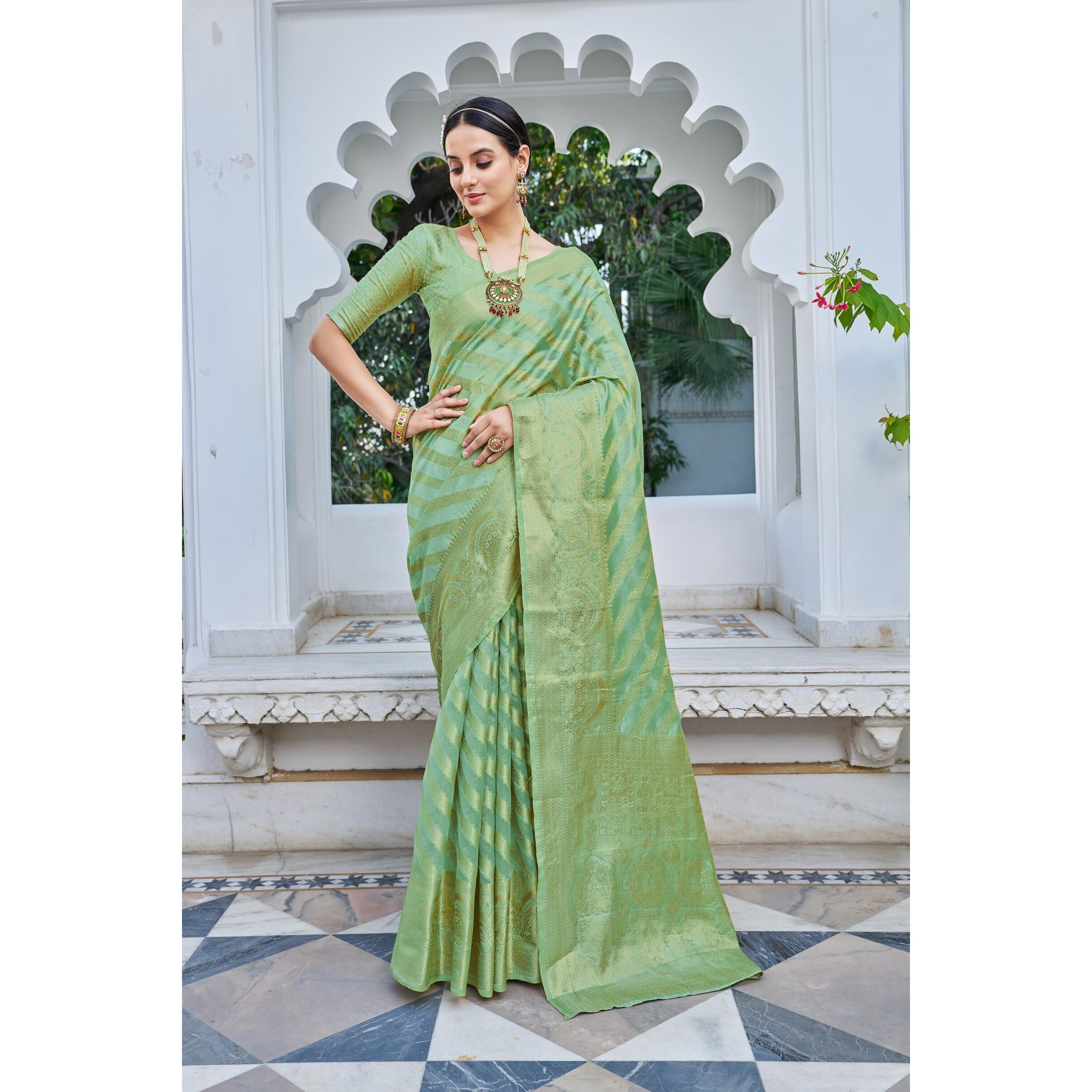Glory Sarees Womens Organza Silk Woven Saree With Blouse Piece (Organza_SIlk101_Firozi)