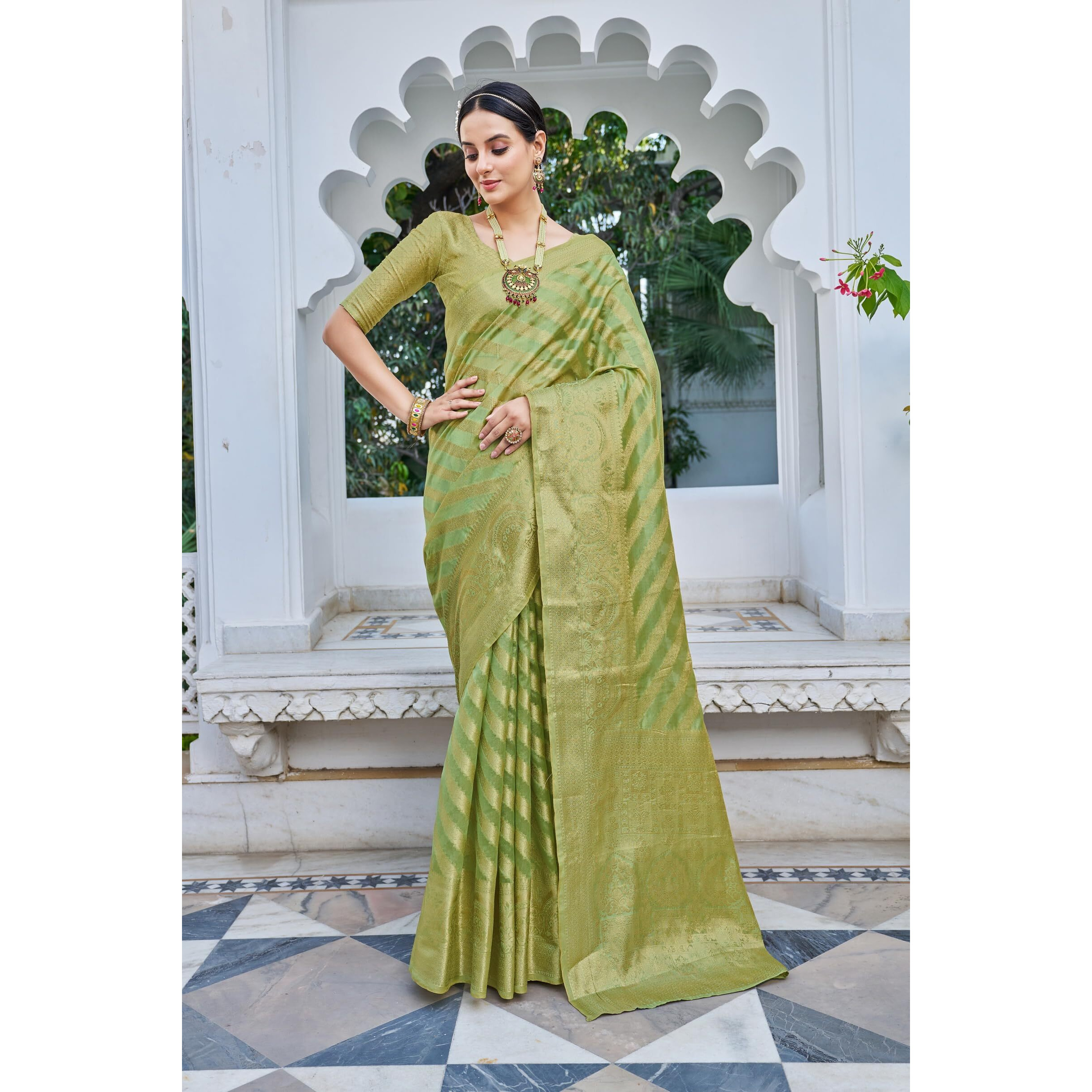 Glory Sarees Womens Organza Silk Woven Saree With Blouse Piece (Organza_SIlk101_Pista)