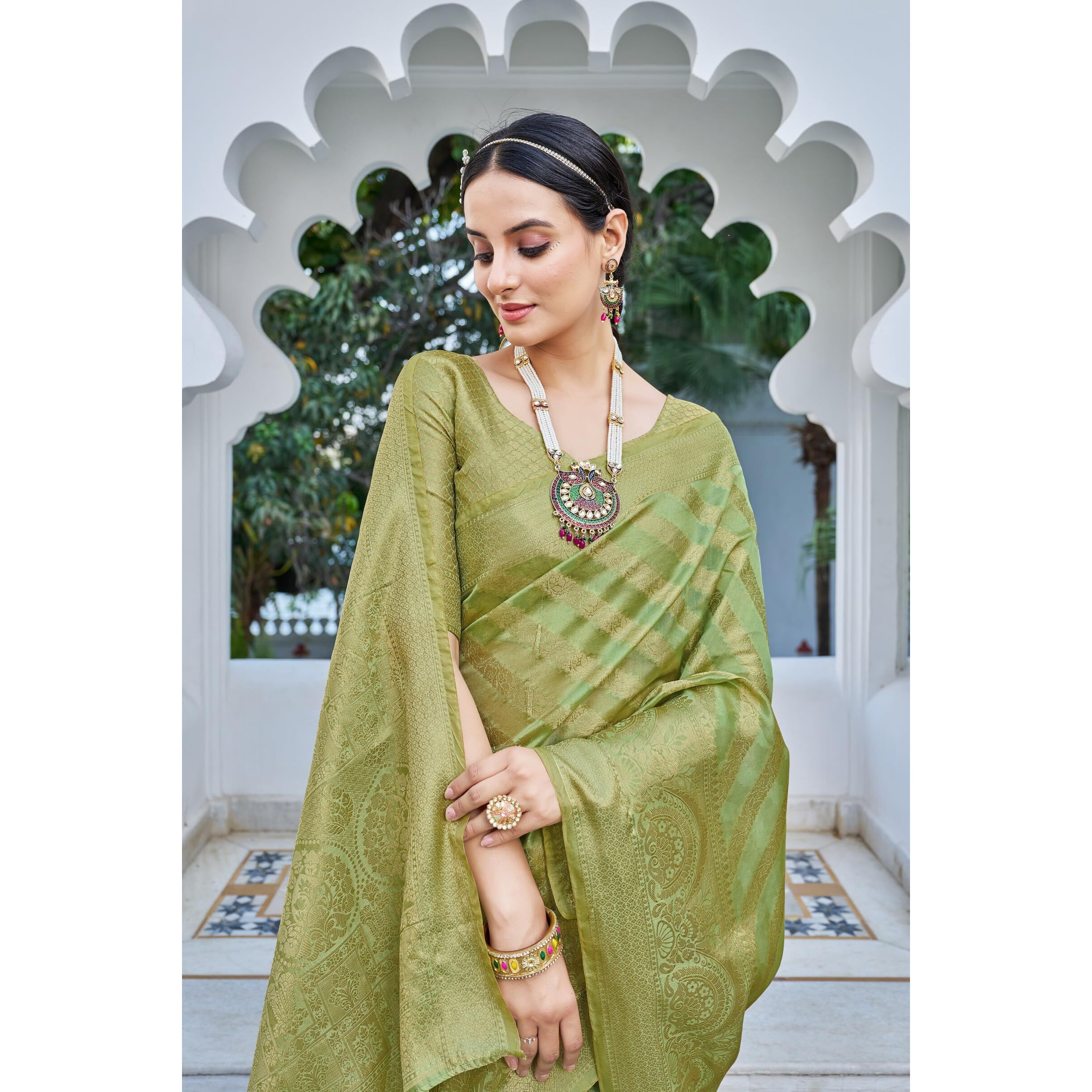 Glory Sarees Womens Organza Silk Woven Saree With Blouse Piece (Organza_SIlk101_Pista)