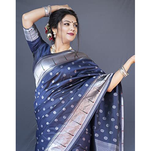 AMIRAT CLOTHING Womens Paithani Litchi silk Saree With Unstiched Blouse Piece (Navy Blue)