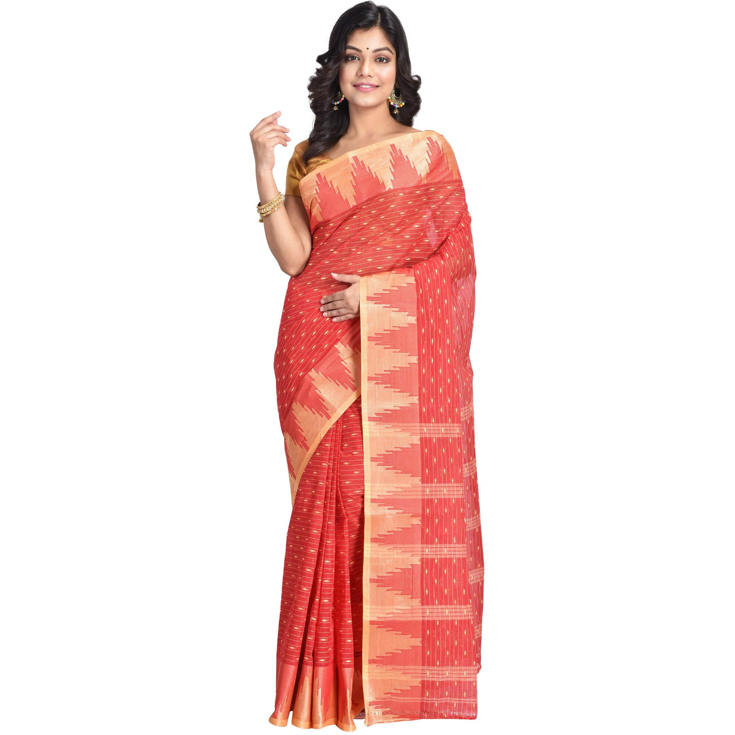 Raj Sarees Womens Cotton Tant Saree Without Blouse Piece (RSH401-01, Red and Golden)