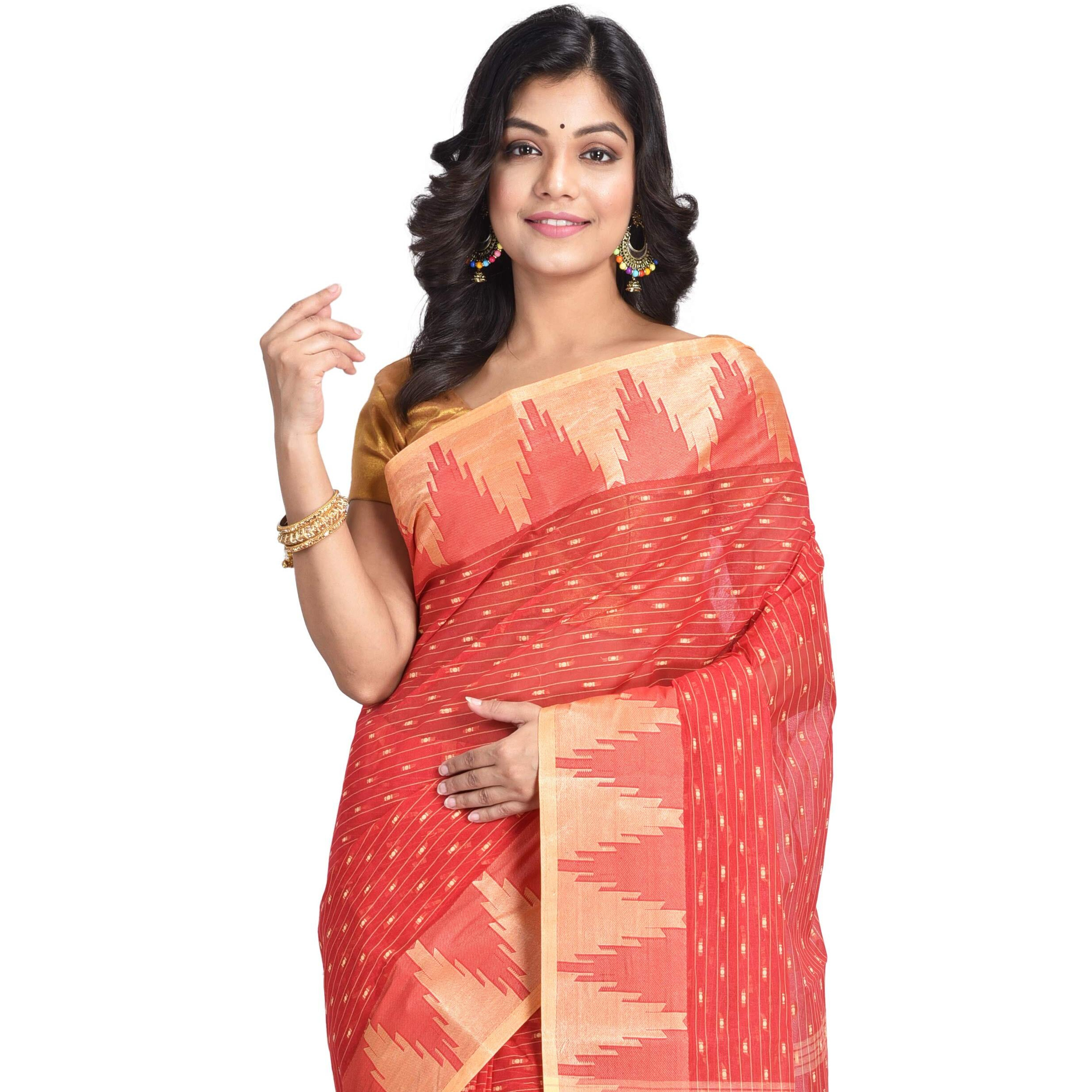 Raj Sarees Womens Cotton Tant Saree Without Blouse Piece (RSH401-01, Red and Golden)