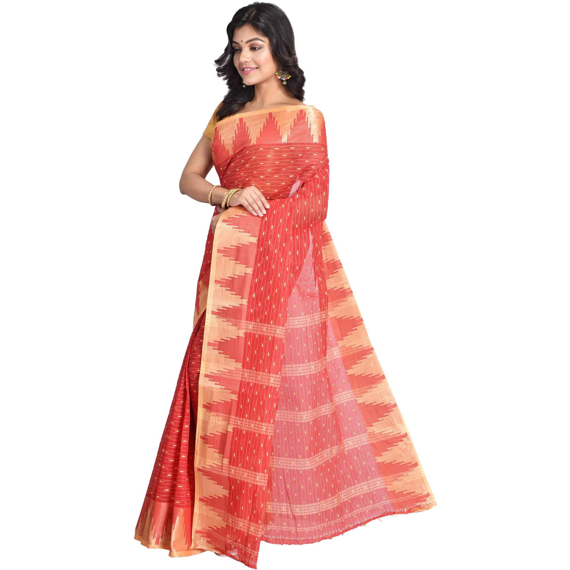 Raj Sarees Womens Cotton Tant Saree Without Blouse Piece (RSH401-01, Red and Golden)
