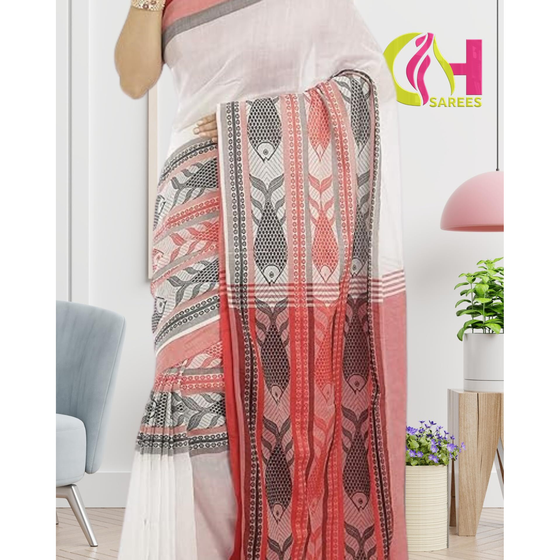 Chhanda Handloom Pure Cotton Embroidery Sarees with Attached Blouse Piece for Women, Ethnic Saari, Printed, Stylish & Traditional Design Sari, Pack of 1 (White)