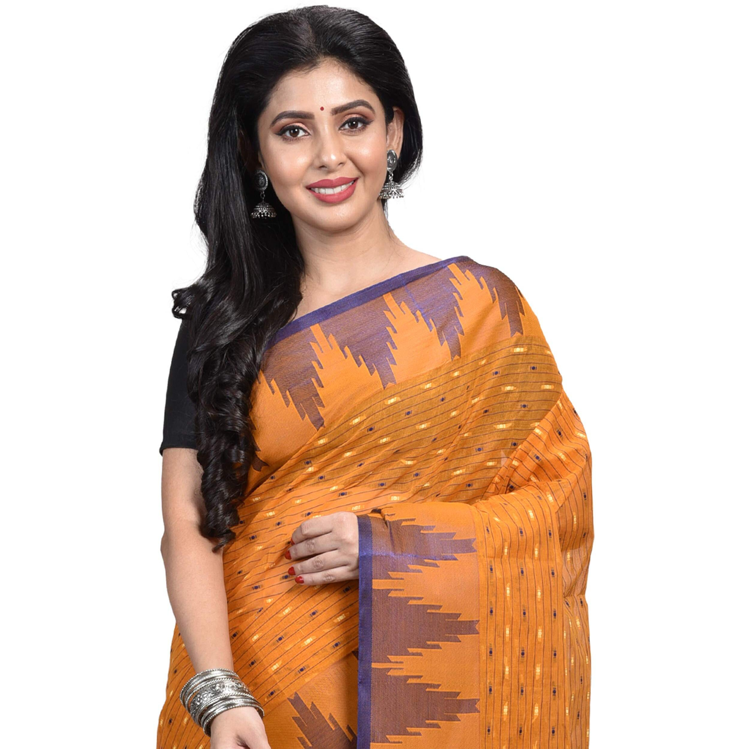 Raj Sarees House Womens Pure Cotton Tant Saree without Blouse with Silk Edge Border - (305-3, Mustard Yellow and Golden)