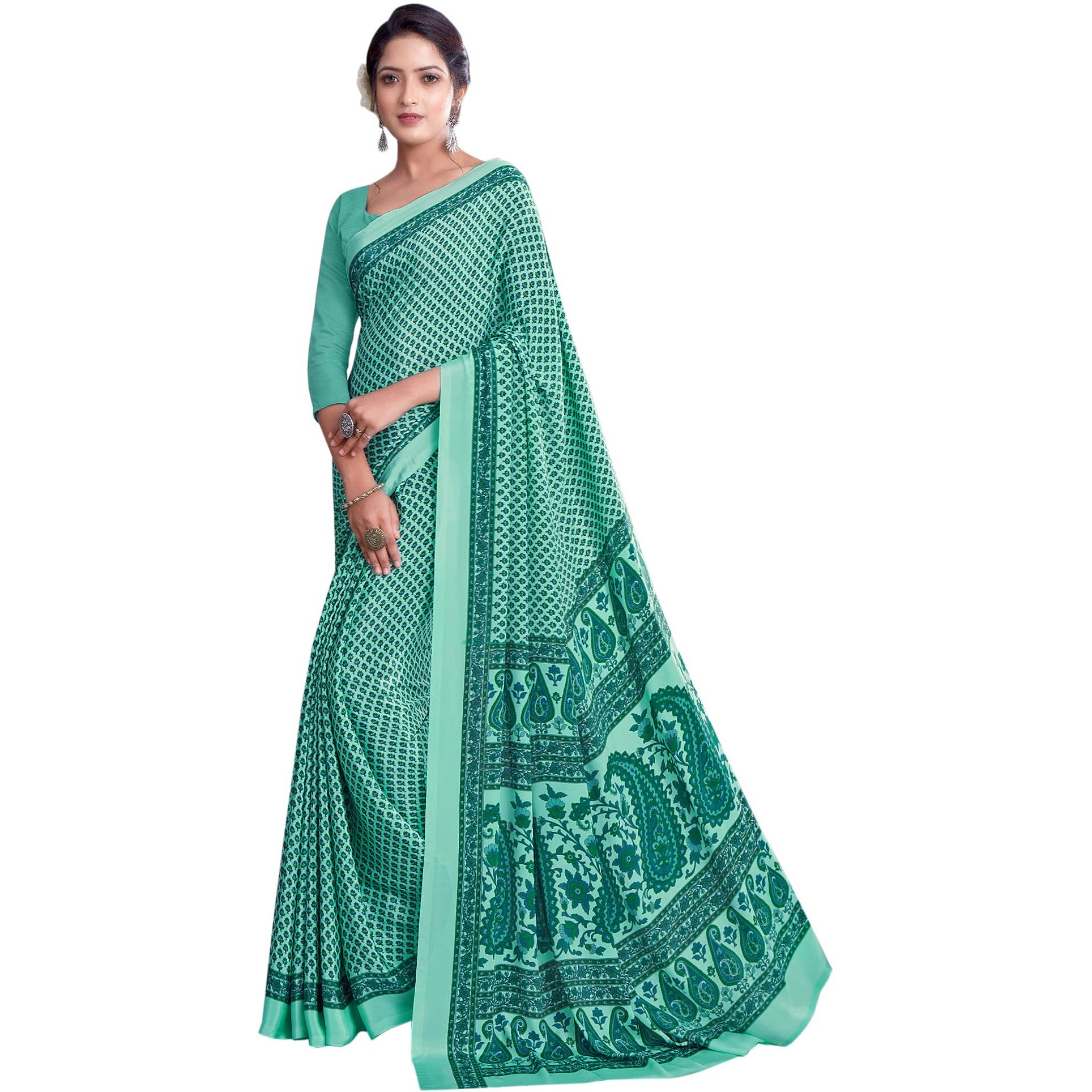 Jaanvi Fashion Womens Woven Crepe Saree With Unstitched Blouse Piece (Ultra-Shape-9807-A_Turquoise Green)