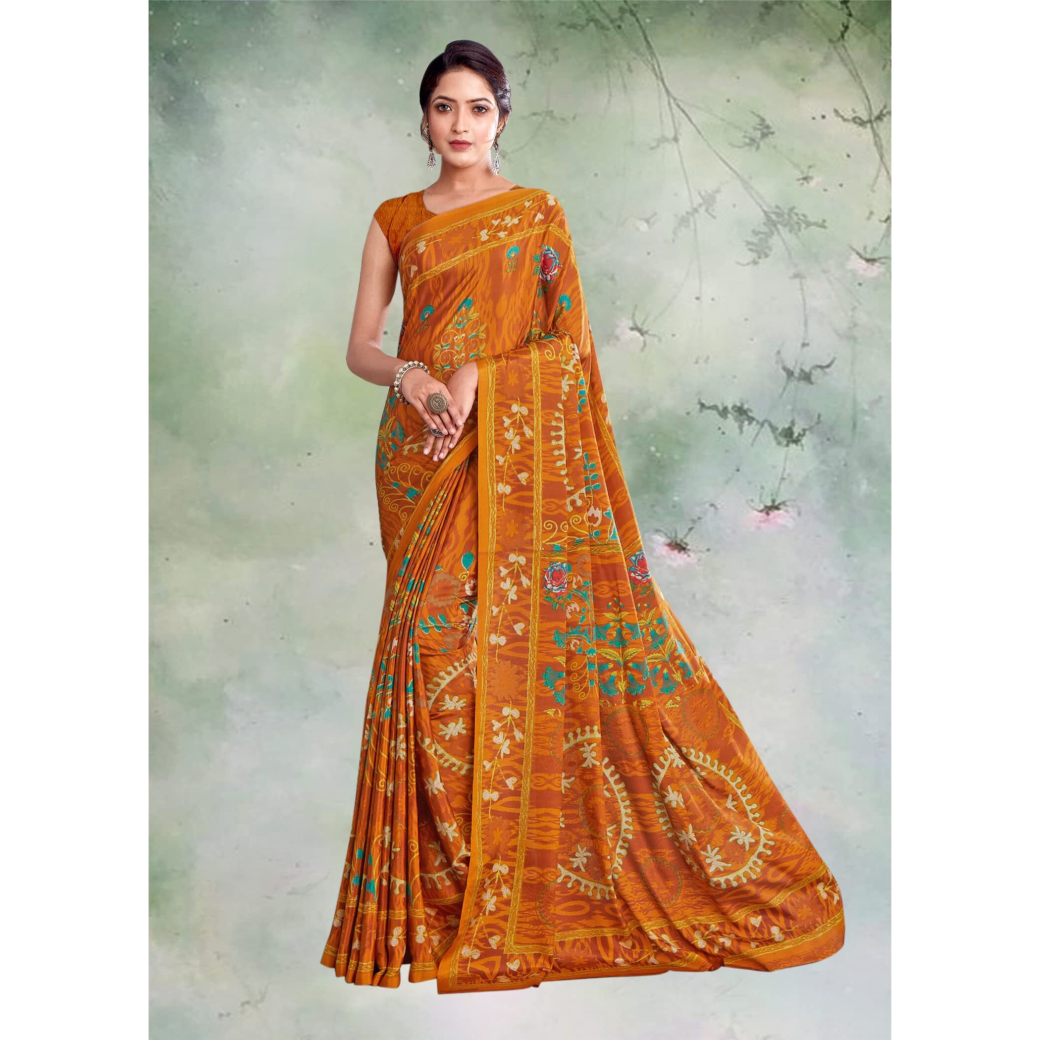 Jaanvi Fashion Womens Woven Crepe Saree With Unstitched Blouse Piece (Ultra-Shape-9808-B_Tahiti Gold)