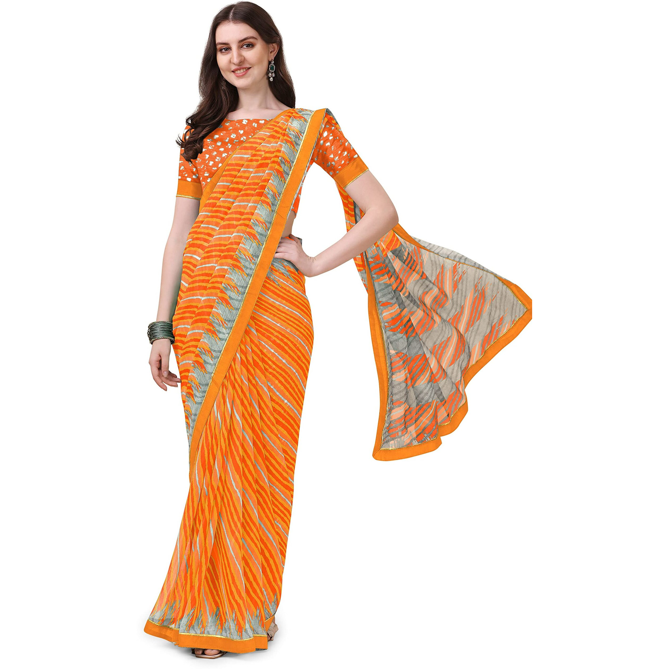 Amazon Brand - Anarva Womens Chiffon Bandhani Lehariya Saree With Blouse Piece (pavitraa-orange-03-an)