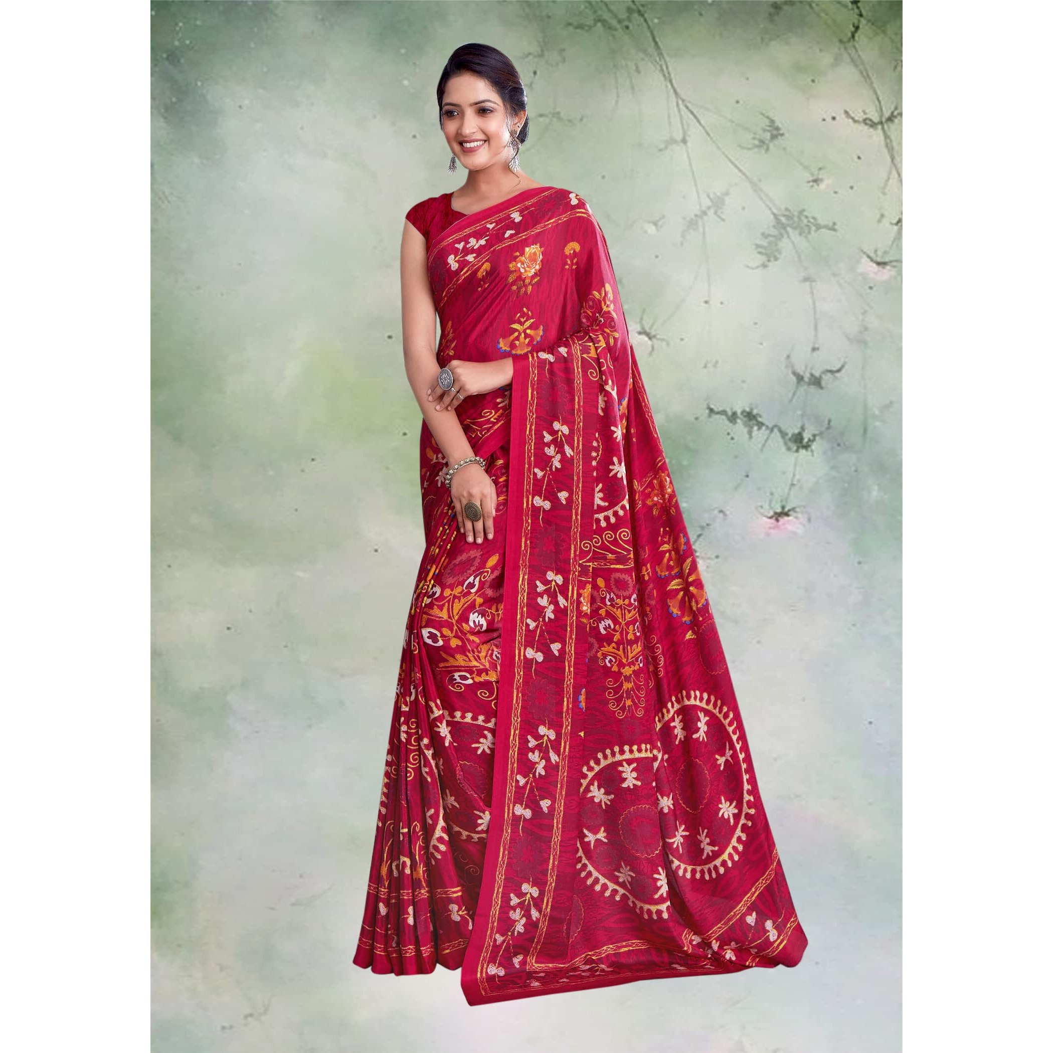 Jaanvi Fashion Womens Woven Crepe Saree With Unstitched Blouse Piece (Ultra-Shape-9808-C_Bright Maroon)