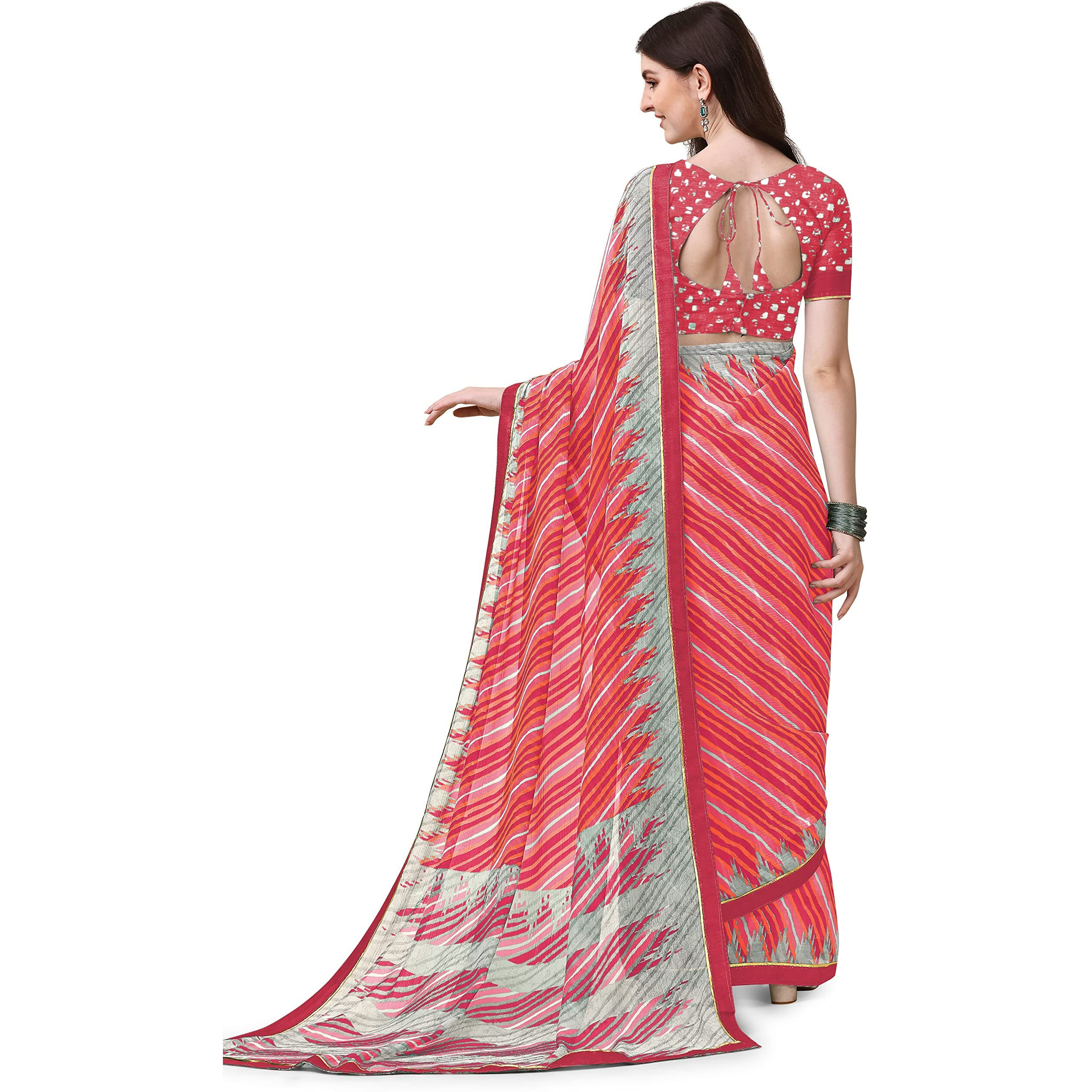 Amazon Brand - Anarva Womens Chiffon Bandhani Lehariya Saree With Blouse Piece (pavitraa-pink-03-an)
