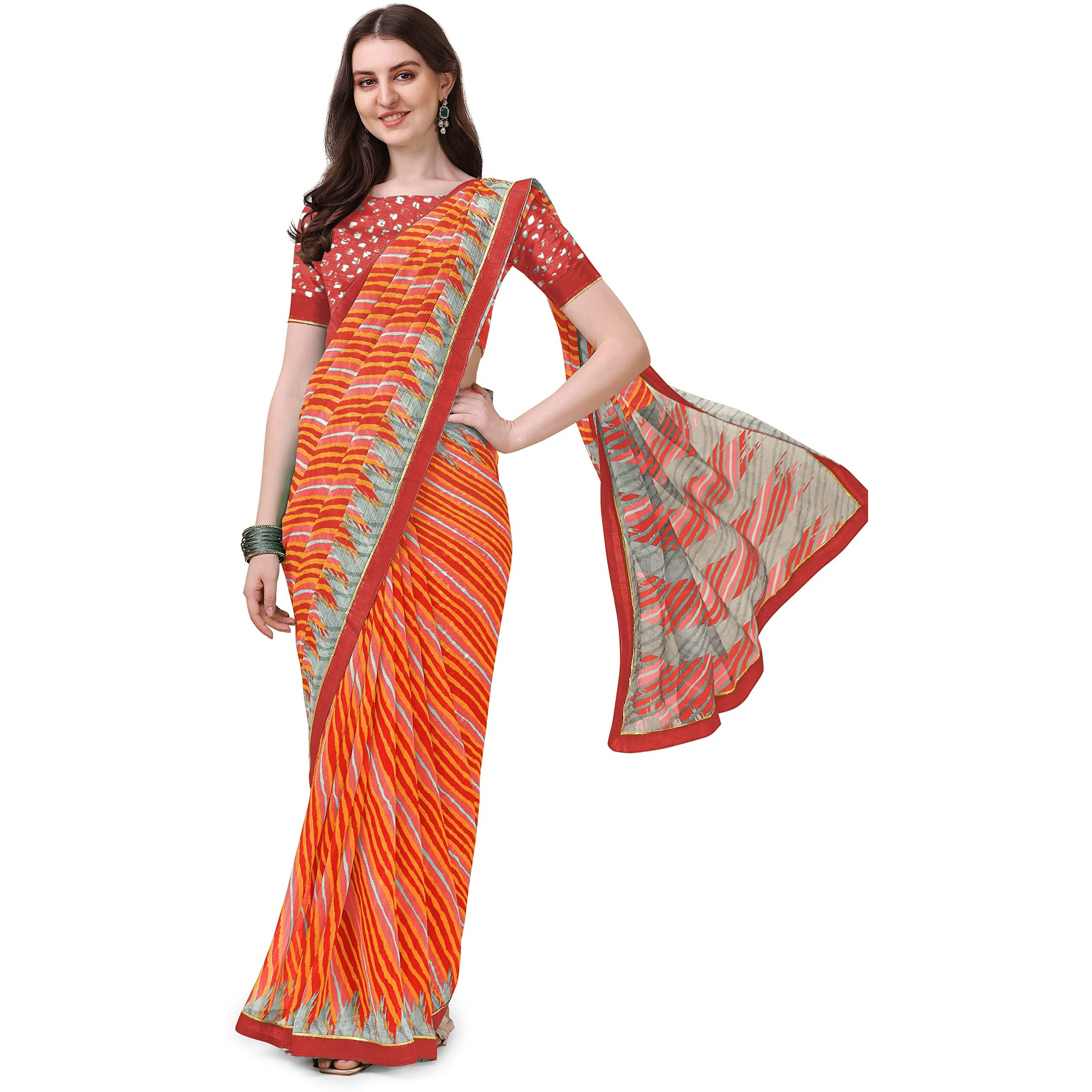 Amazon Brand - Anarva Womens Chiffon Bandhani Lehariya Saree With Blouse Piece (pavitraa-red-03-an)