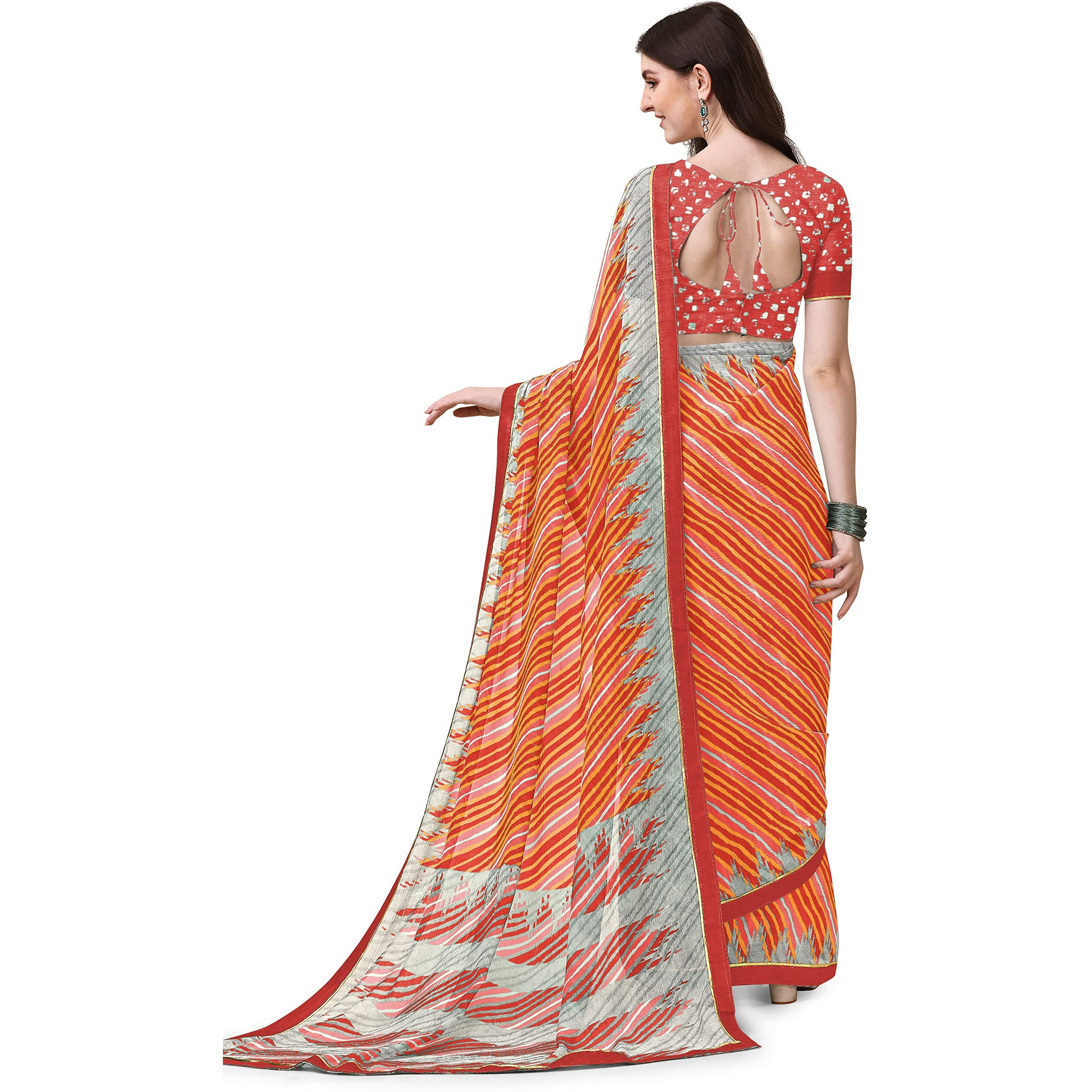 Amazon Brand - Anarva Womens Chiffon Bandhani Lehariya Saree With Blouse Piece (pavitraa-red-03-an)