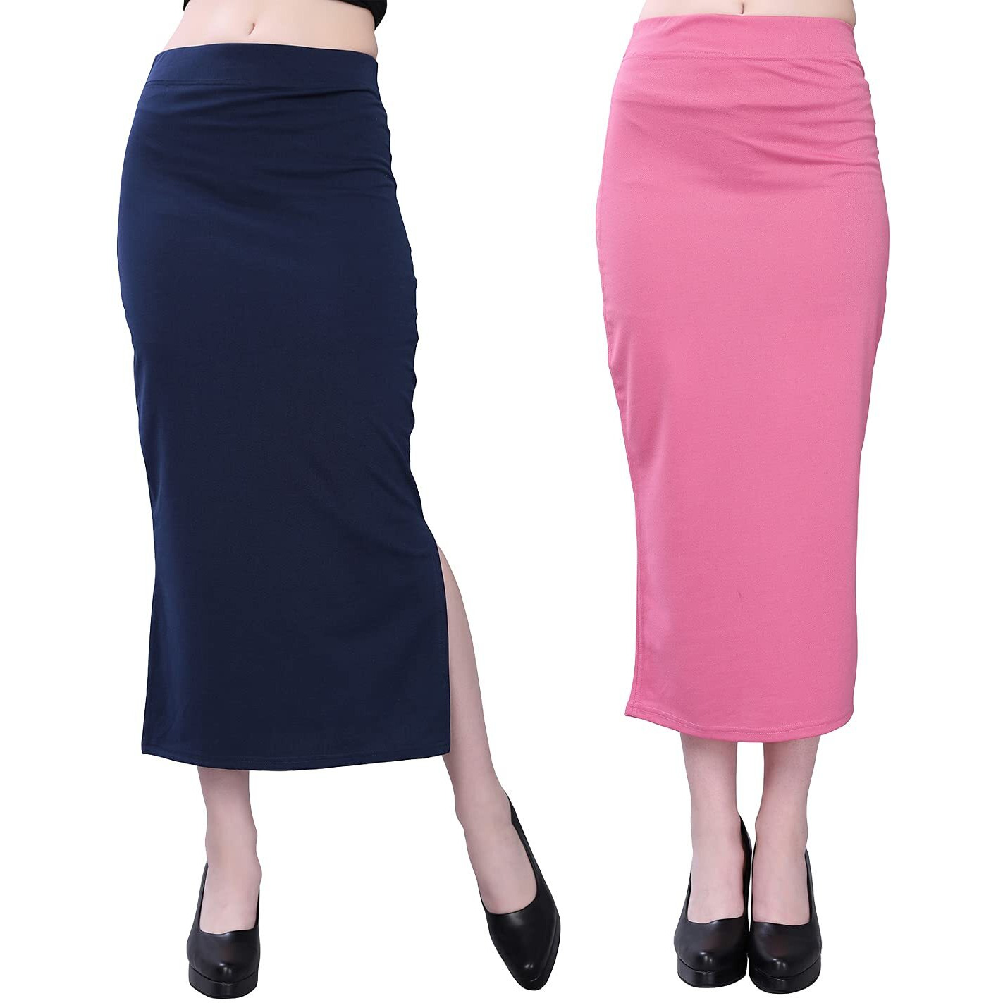 Selvia Womens Lycra Full Elastic Saree Shapewear Petticoat Pack of 2 (180TKN112-S_180TKN111-S_Navy Blue||Pink)
