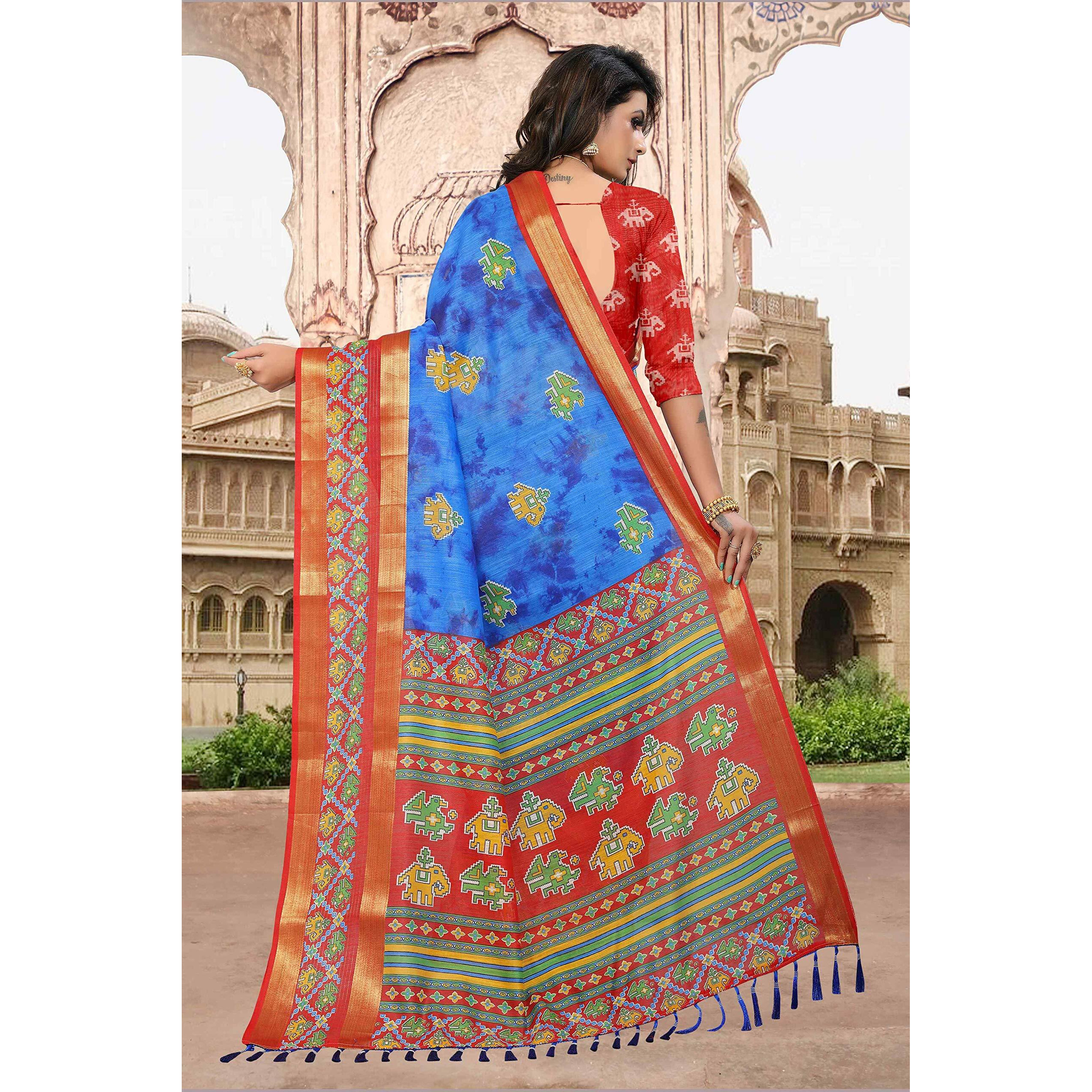 Divine International Trading Co Womens Cotton Blend Patola ikat Saree With Unstitched Blouse(Geometric-Blue)