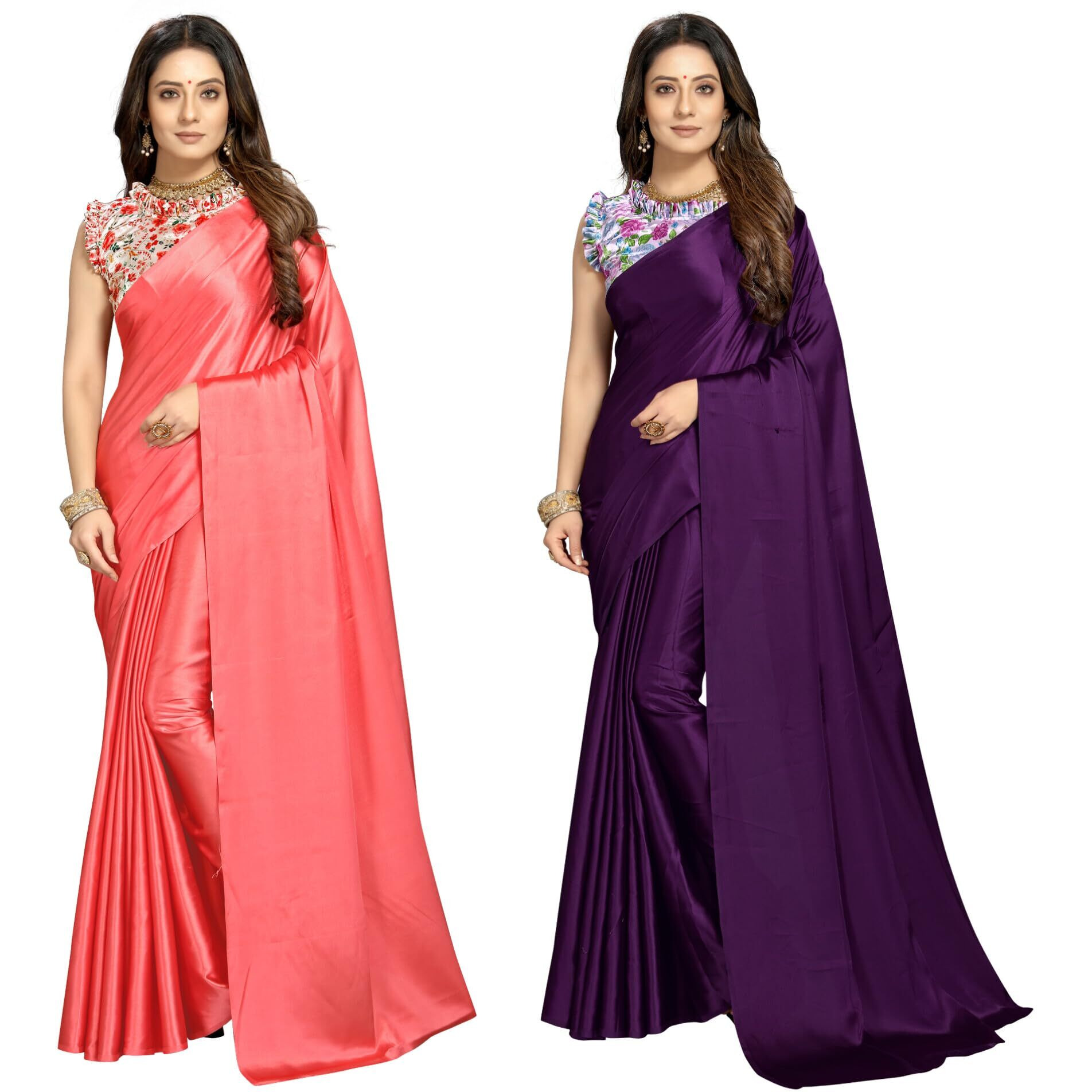 FLORESTA FASHION Combo Of 2 Soft Satin Silk Saree For Women With a Digital Printed Unstieched Blouse Piece(2 Piece Saree & 2 Unstieched Blouse Piece) (H. PEACH + H. PURPLE)