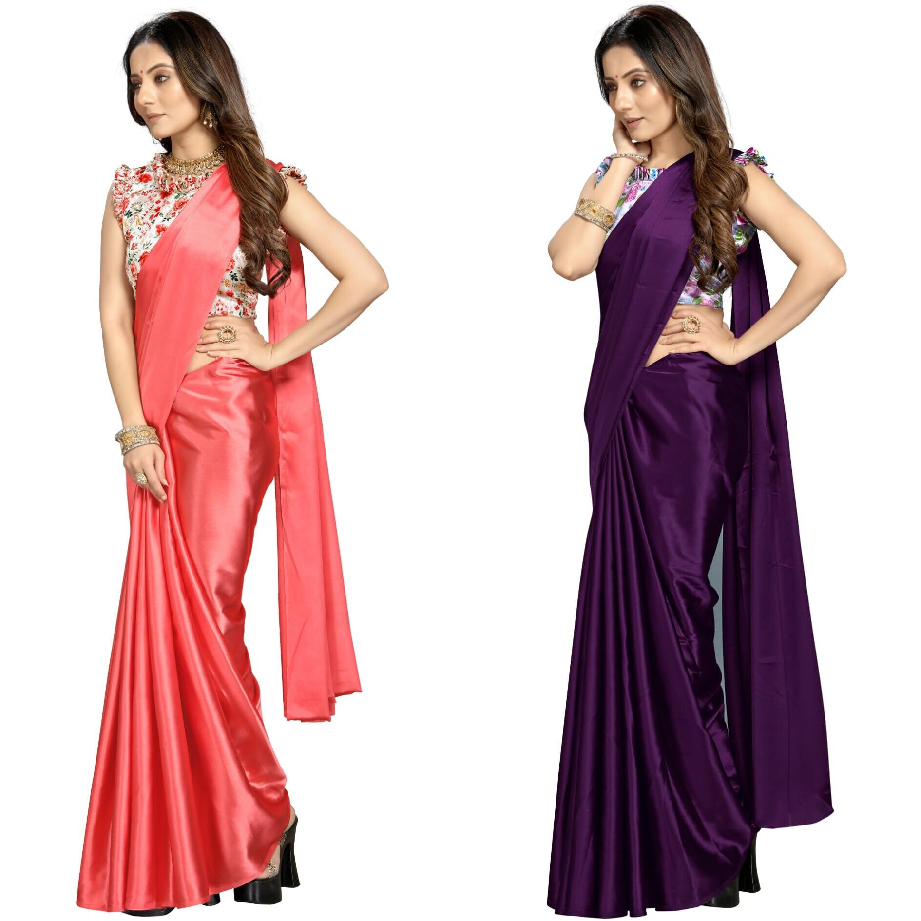 FLORESTA FASHION Combo Of 2 Soft Satin Silk Saree For Women With a Digital Printed Unstieched Blouse Piece(2 Piece Saree & 2 Unstieched Blouse Piece) (H. PEACH + H. PURPLE)