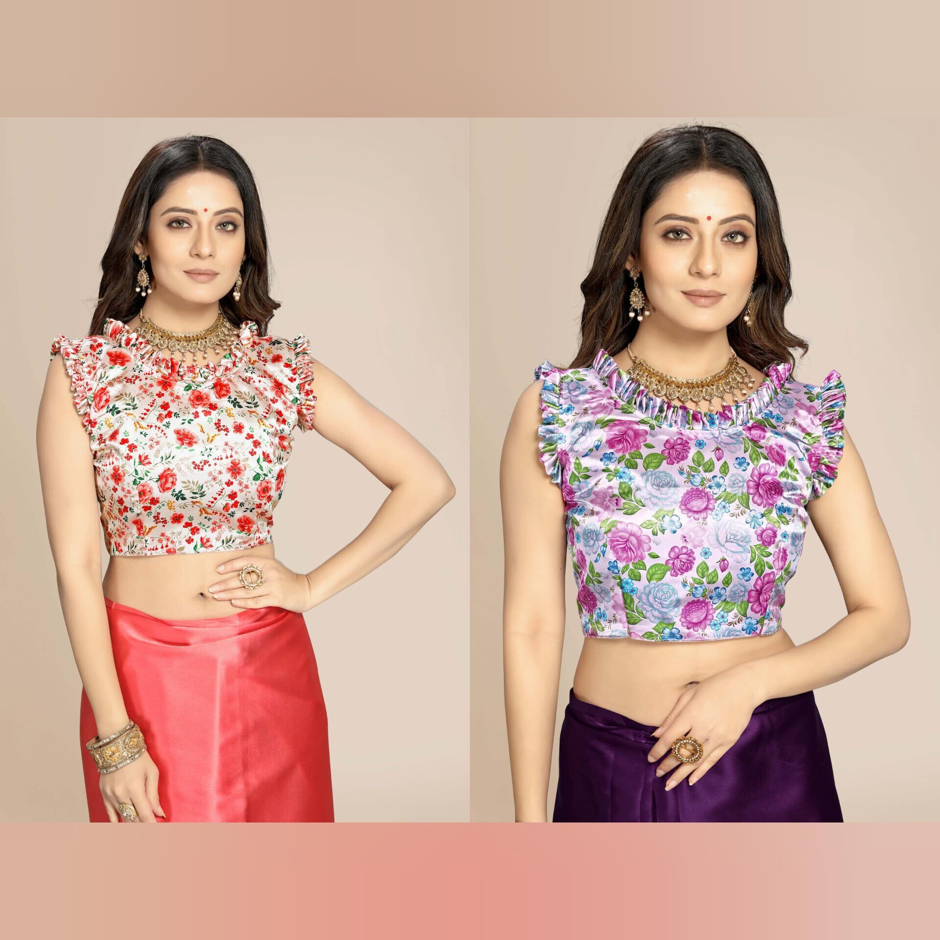 FLORESTA FASHION Combo Of 2 Soft Satin Silk Saree For Women With a Digital Printed Unstieched Blouse Piece(2 Piece Saree & 2 Unstieched Blouse Piece) (H. PEACH + H. PURPLE)