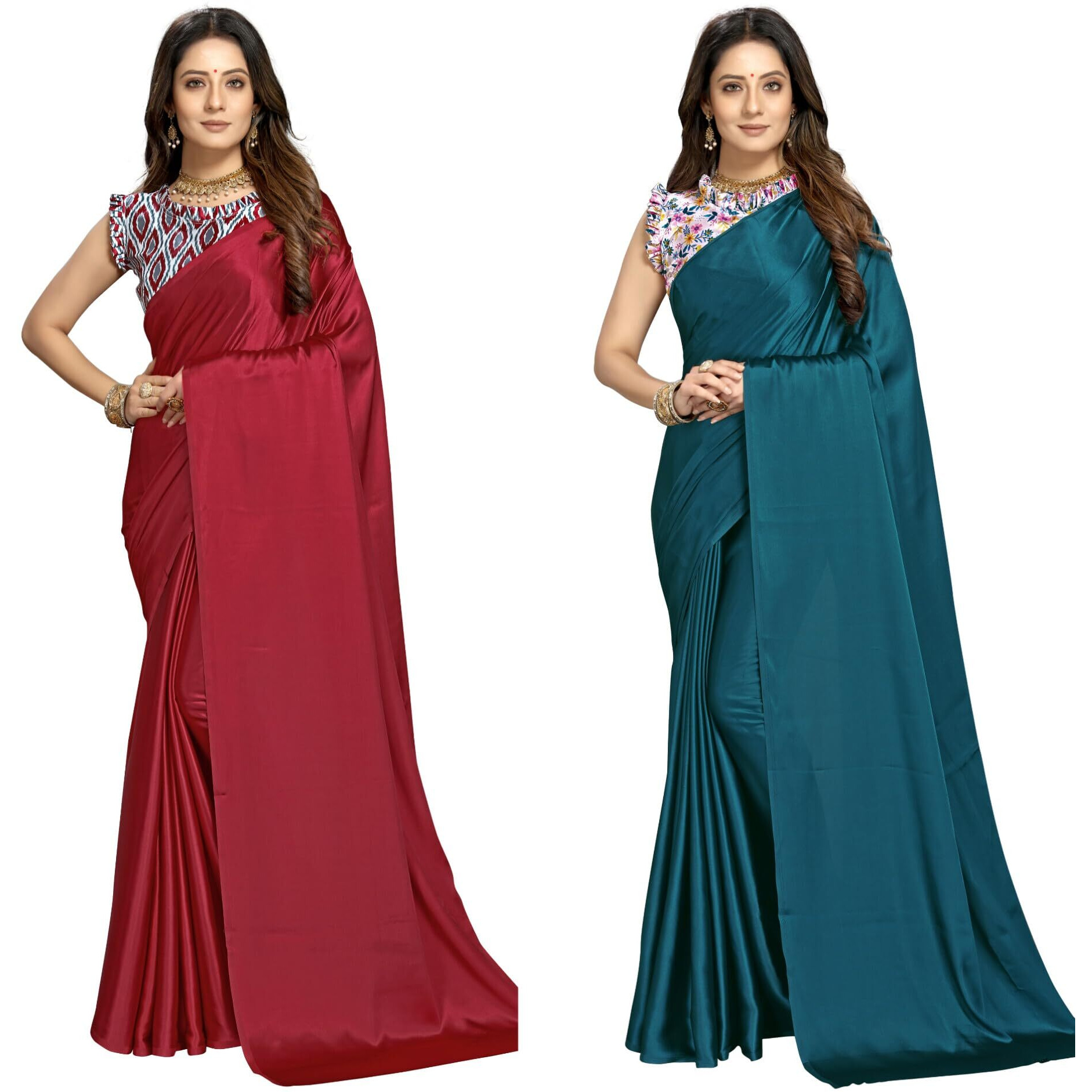 FLORESTA FASHION Combo Of 2 Soft Satin Silk Saree For Women With a Digital Printed Unstieched Blouse Piece(2 Piece Saree & 2 Unstieched Blouse Piece) (HO. MAROON + HO. PRUSSIAN BLUE)