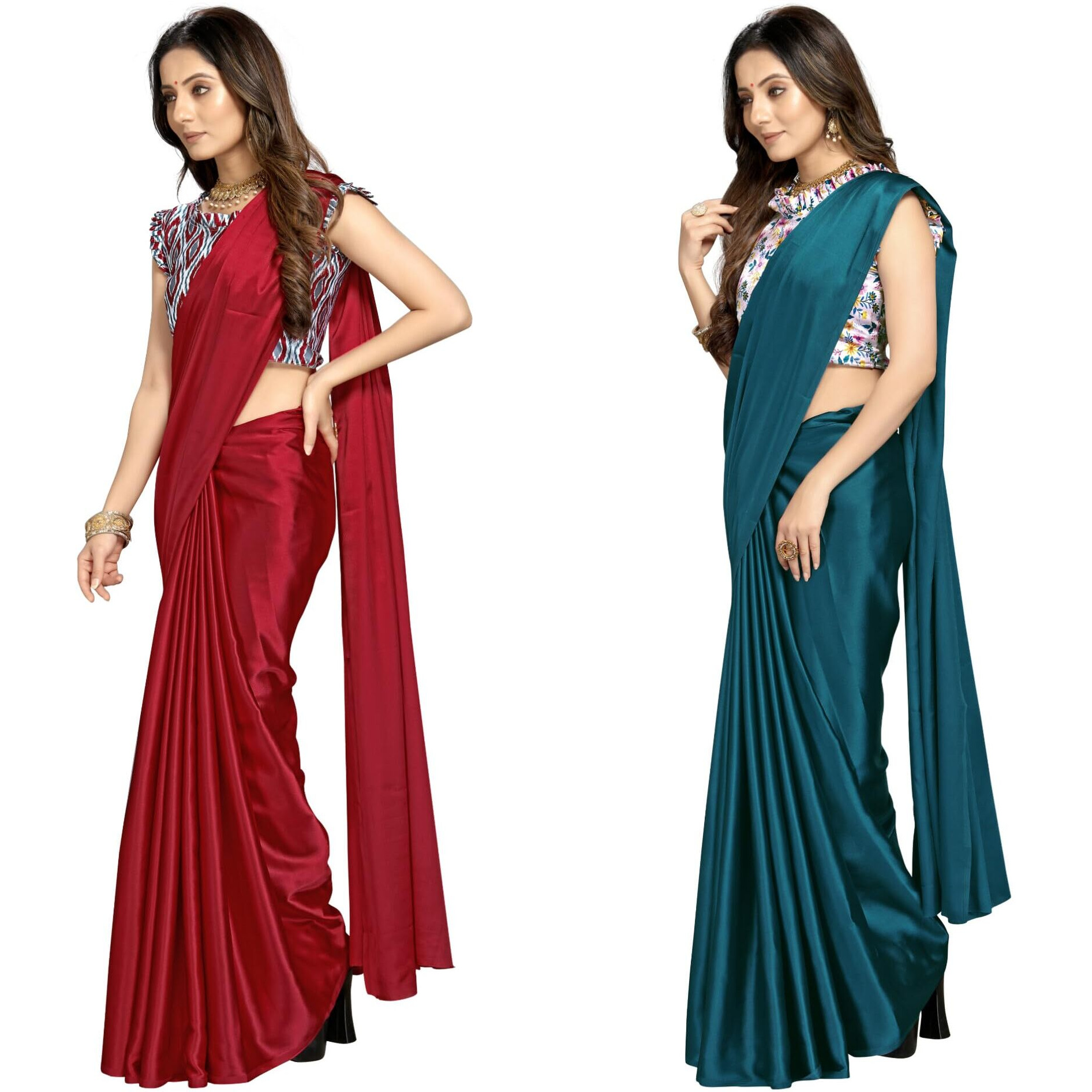 FLORESTA FASHION Combo Of 2 Soft Satin Silk Saree For Women With a Digital Printed Unstieched Blouse Piece(2 Piece Saree & 2 Unstieched Blouse Piece) (HO. MAROON + HO. PRUSSIAN BLUE)