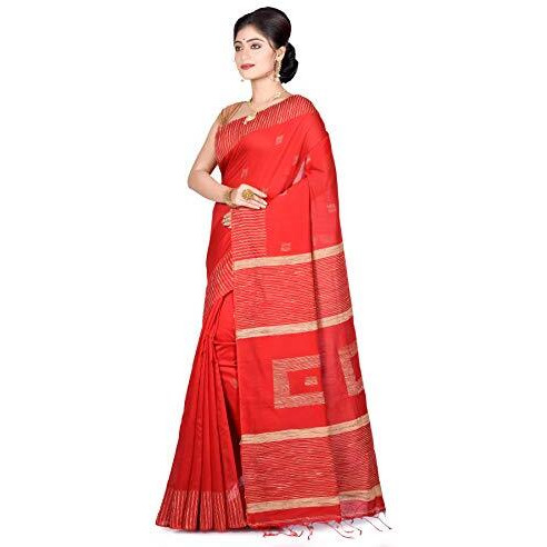 BENGAL HANDLOOM Traditional Handloom Jamdani SiCo Red colour Box Ghicha Saree With Blouse Piece