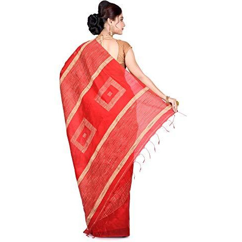 BENGAL HANDLOOM Traditional Handloom Jamdani SiCo Red colour Box Ghicha Saree With Blouse Piece