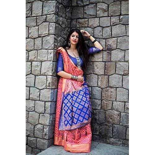 Panzora Womens Banarasi Patola Silk Saree With unstitched Bloue Piece (Blue-Pink)