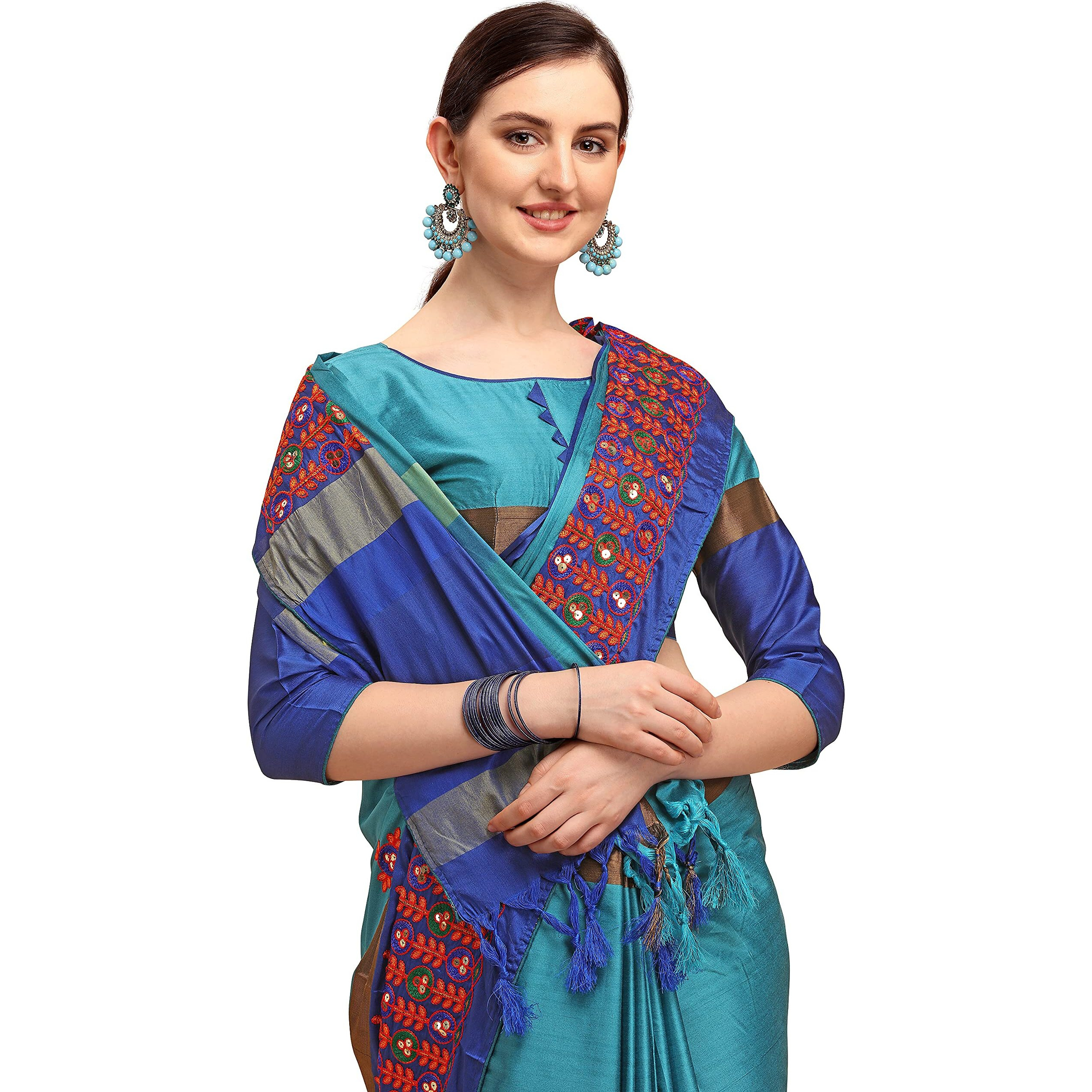 arriva fab Womens Cotton Blend Saree With Blouse Piece (Riva1245__Sky Blue)