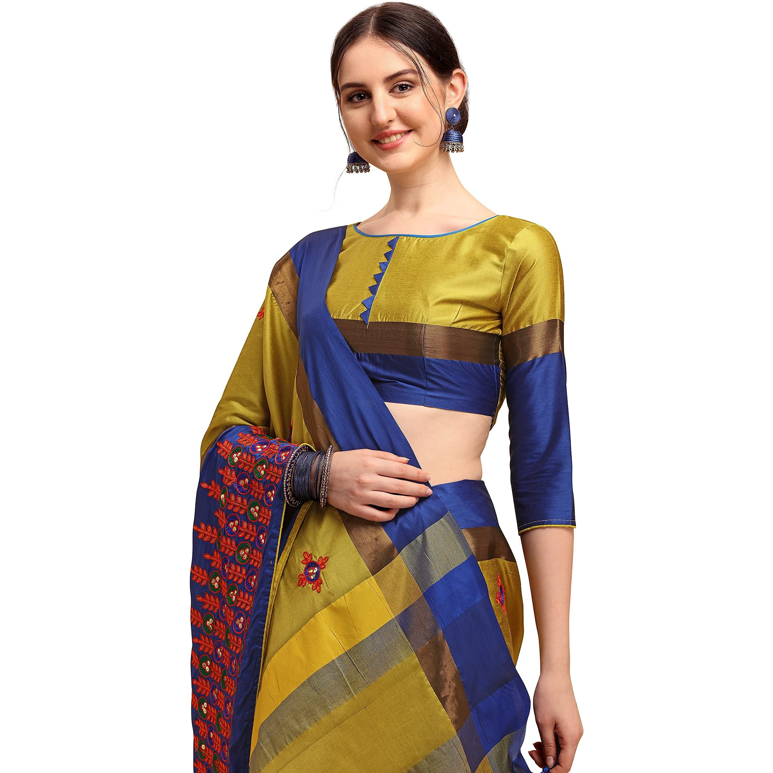 arriva fab Womens Cotton Blend Saree With Blouse Piece (Riva1242__Yellow)