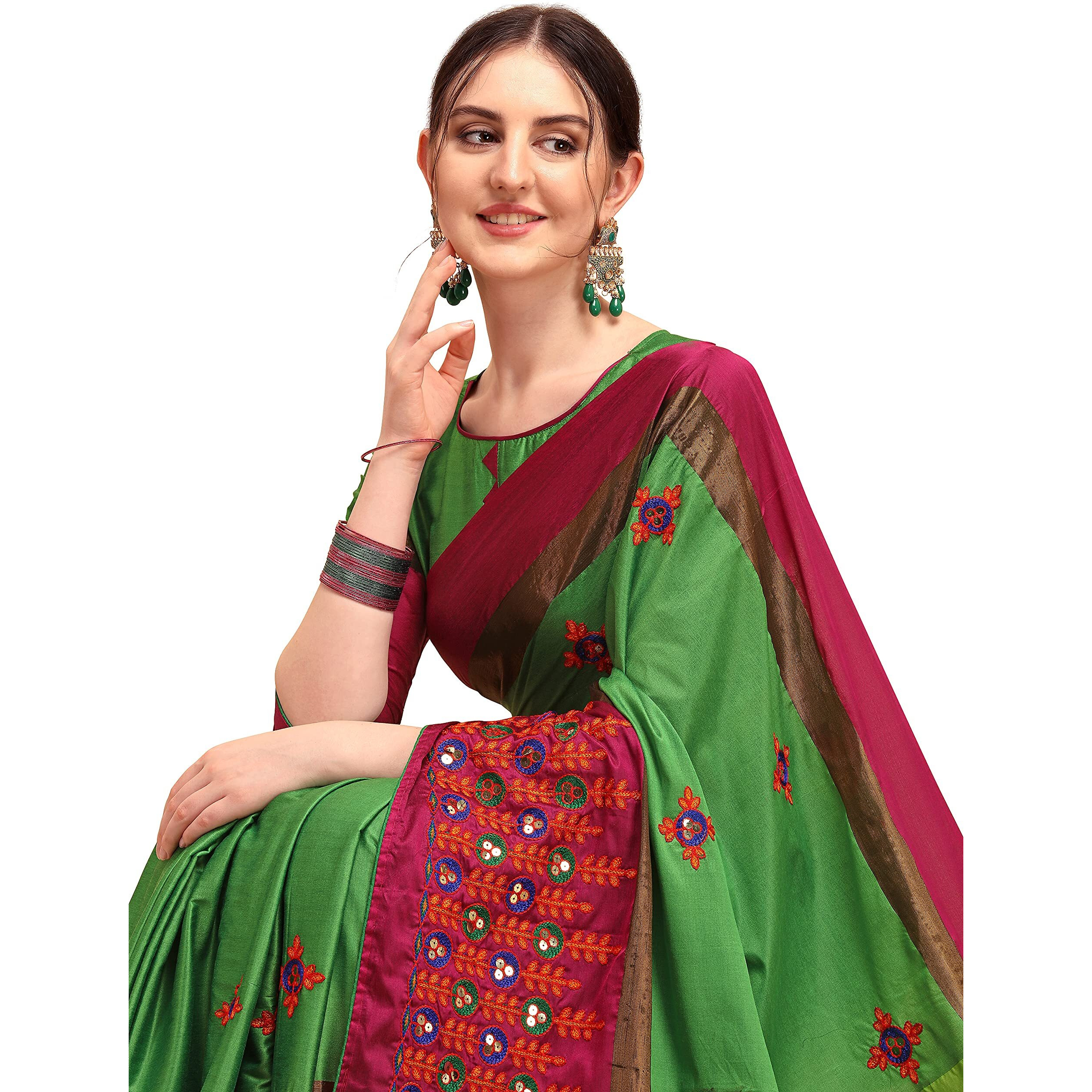 arriva fab Womens Cotton Blend Saree With Blouse Piece (Riva1246__Green)