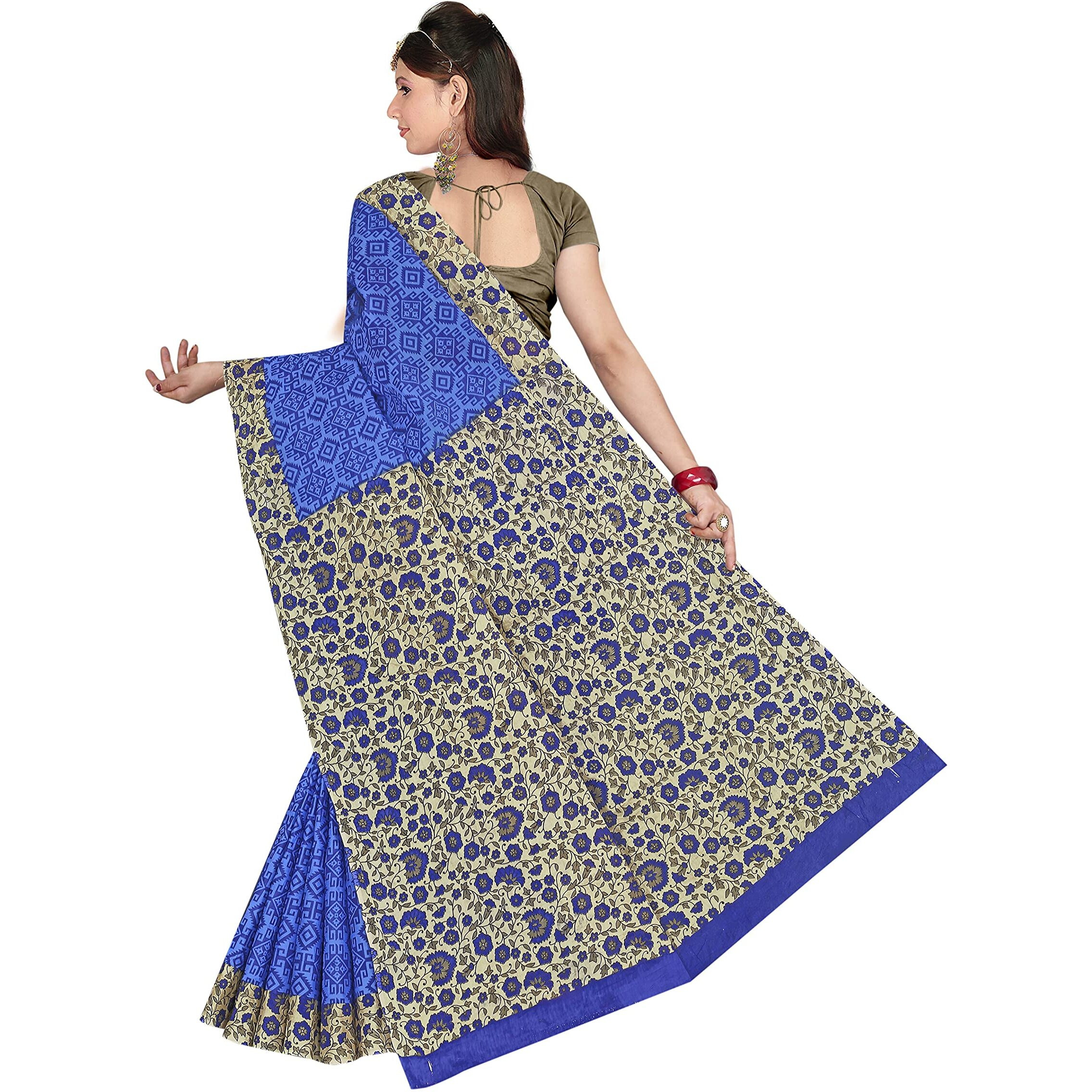 TAMAIRA FASHION Womens Plain Weave Pure Cotton Saree Without Blouse Piece(AB16_Blue)