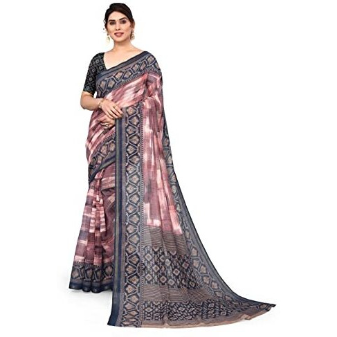 MIRCHI FASHION Womens Plain Weave Cotton Blend Abstract Printed Saree with Blouse Piece (38255-Light Pink, Navy Blue)